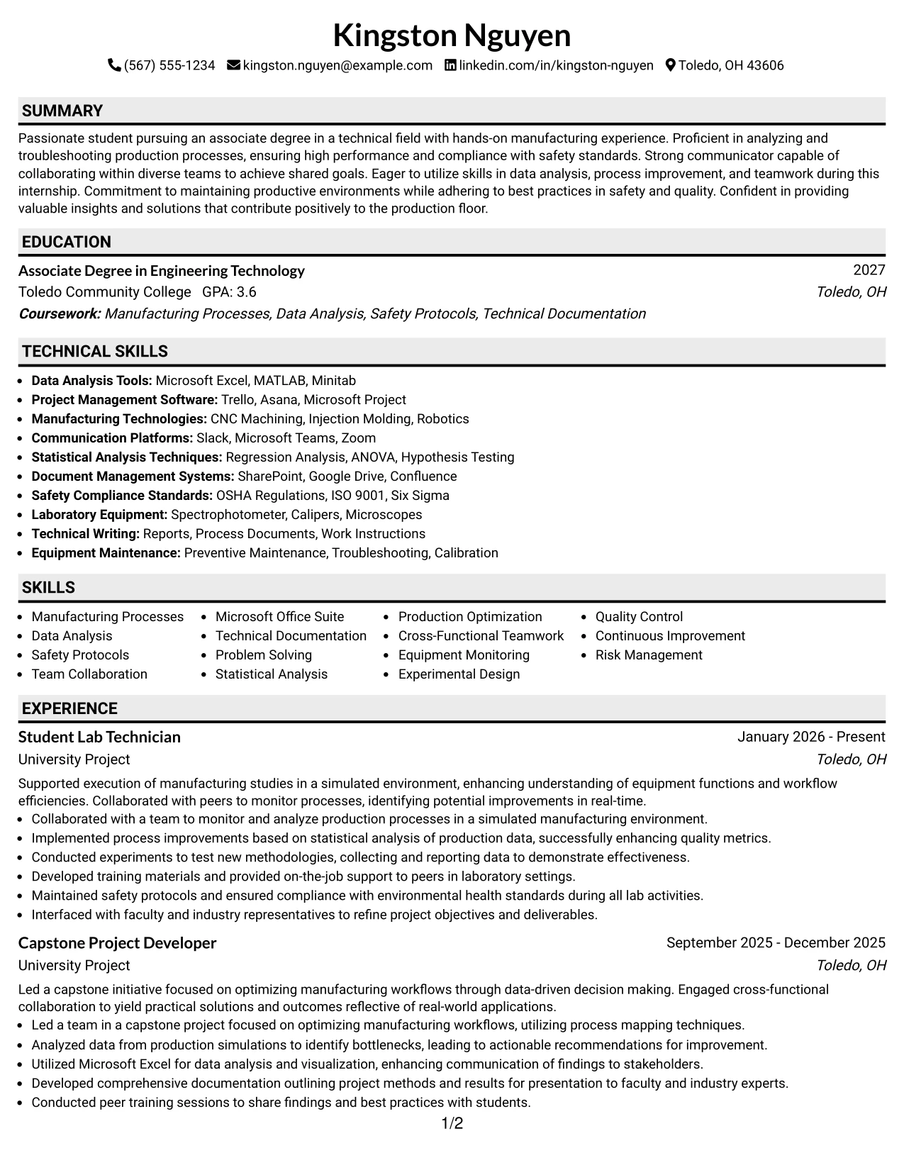 Resume Example Page 1