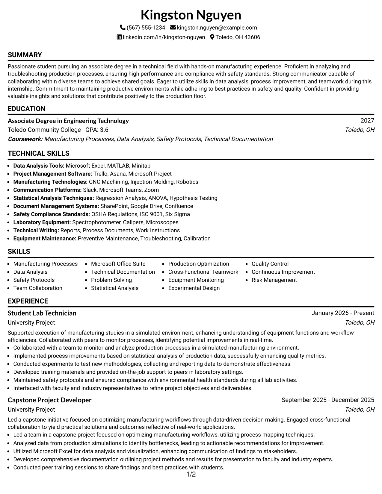 Resume Example Page 1