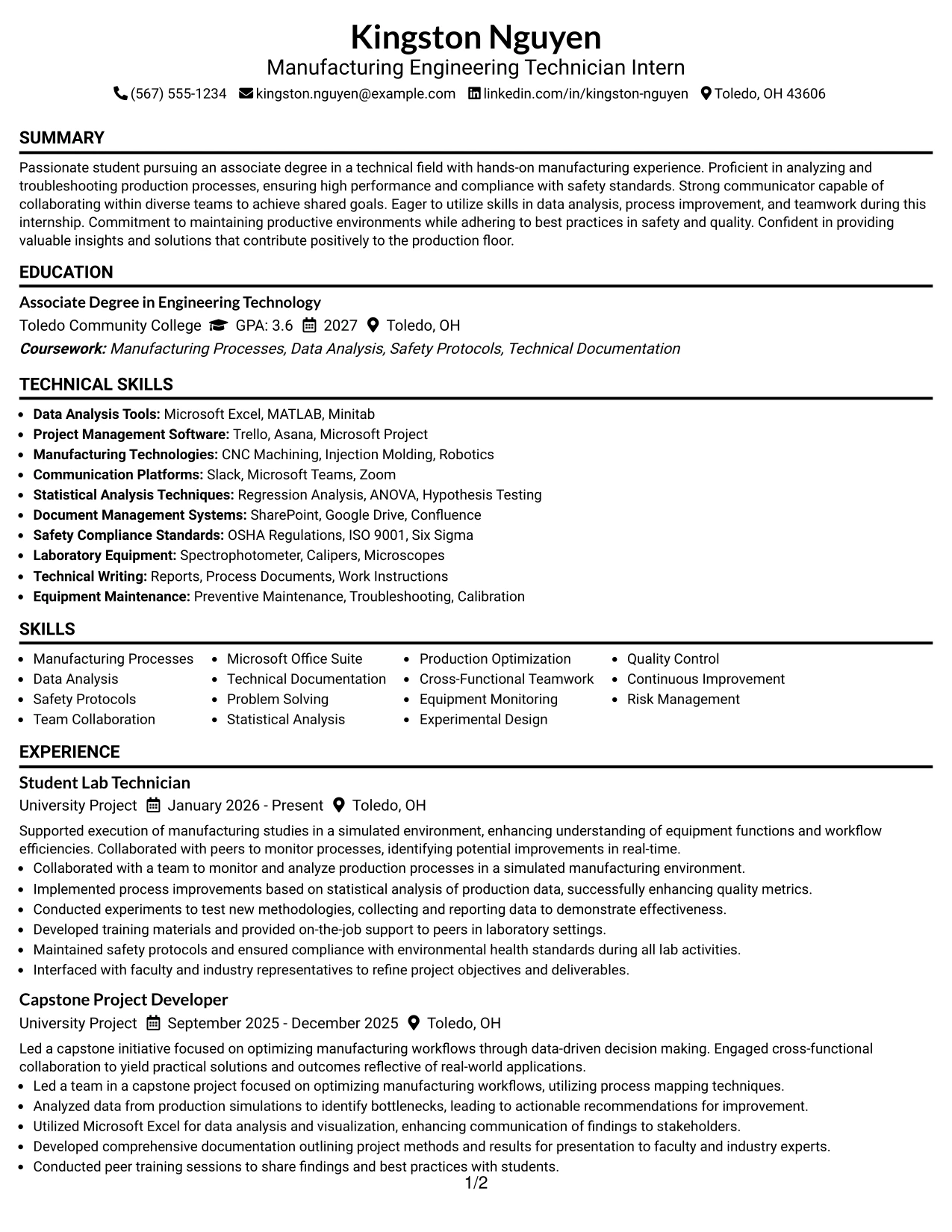 Resume Example Page 1