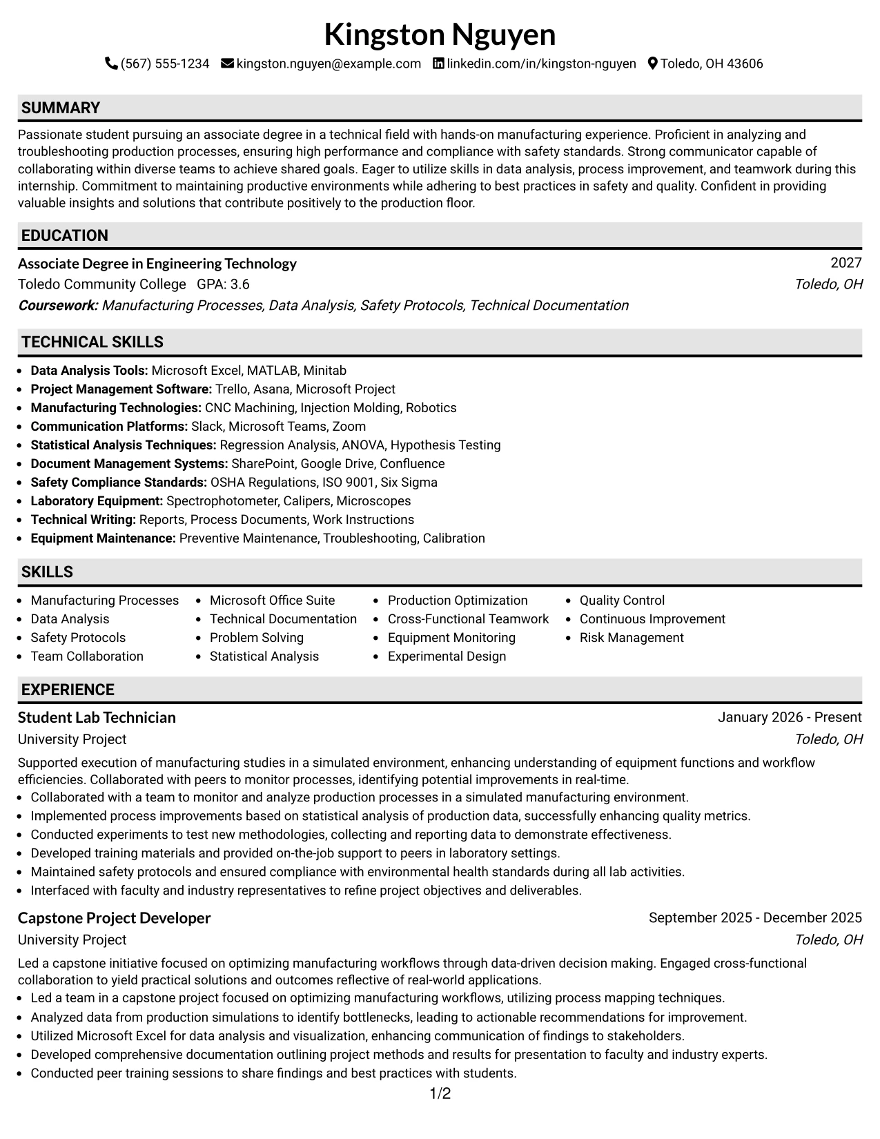 Resume Example Page 1