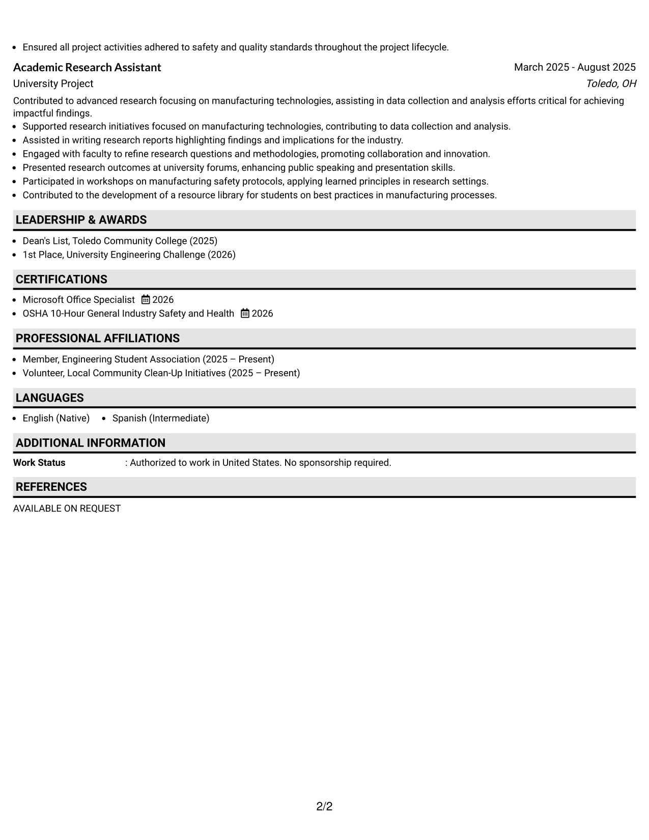 Resume Example Page 2