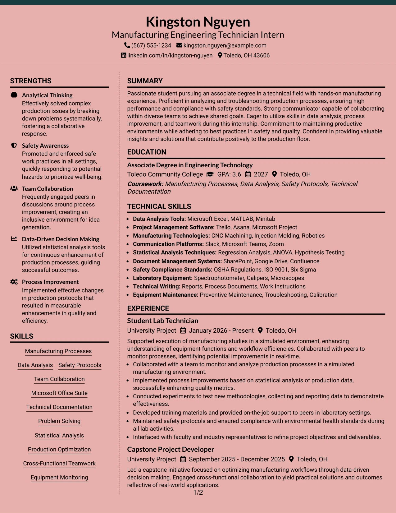Resume Example Page 1