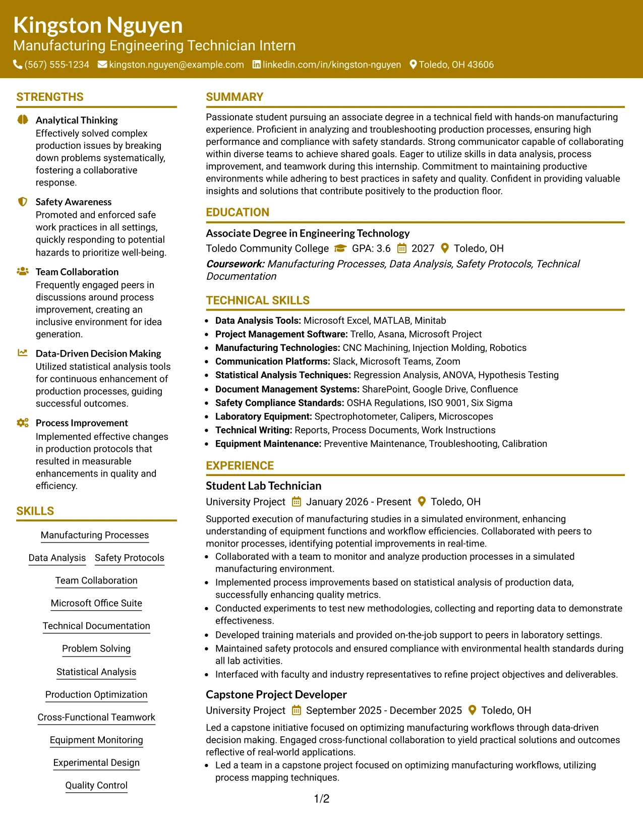 Resume Example Page 1