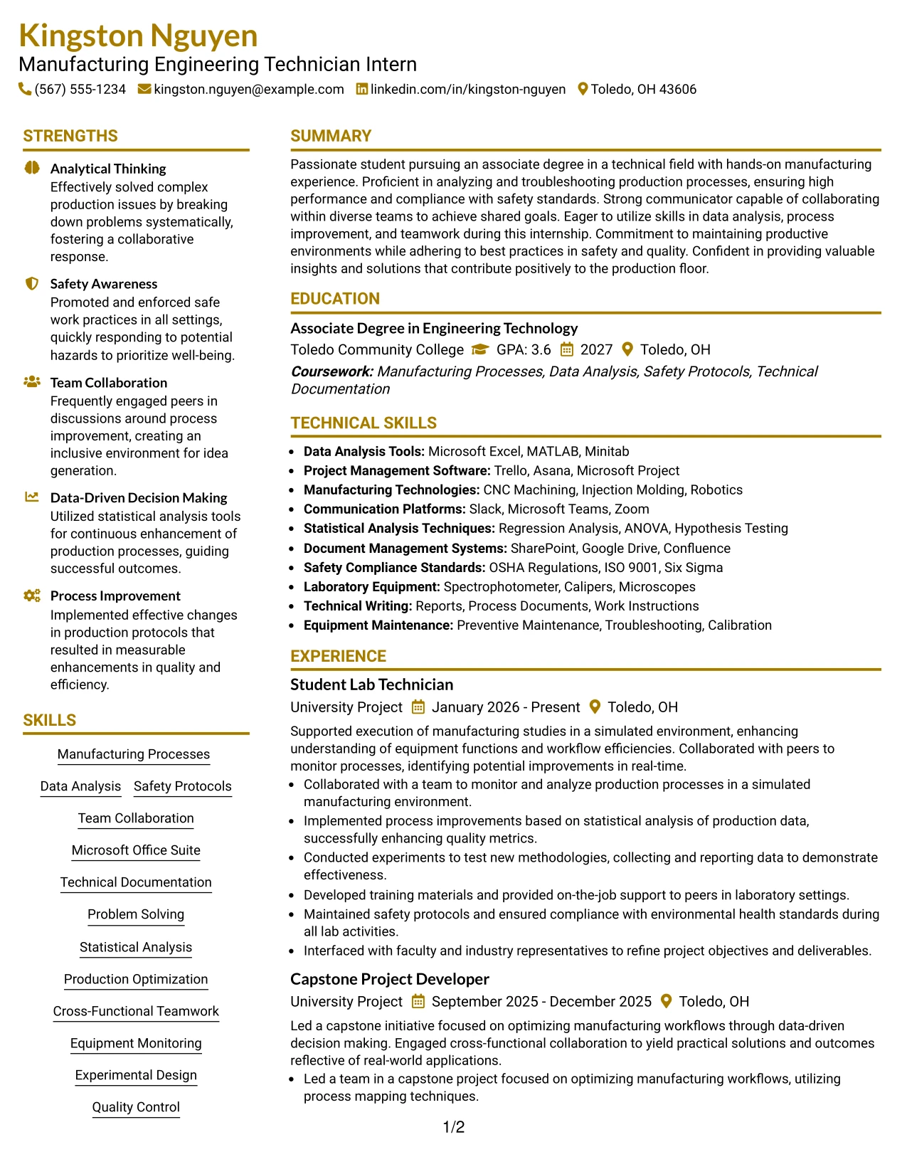 Resume Example Page 1