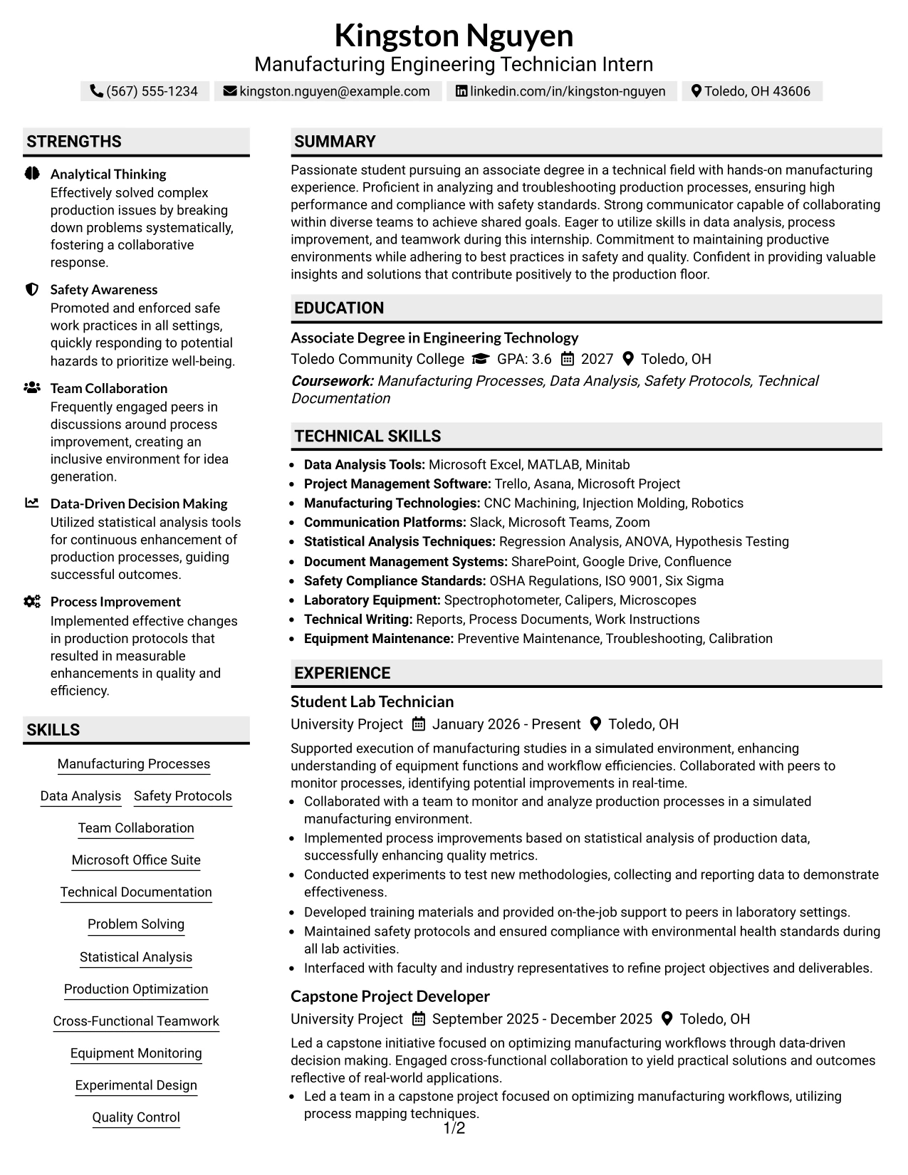 Resume Example Page 1