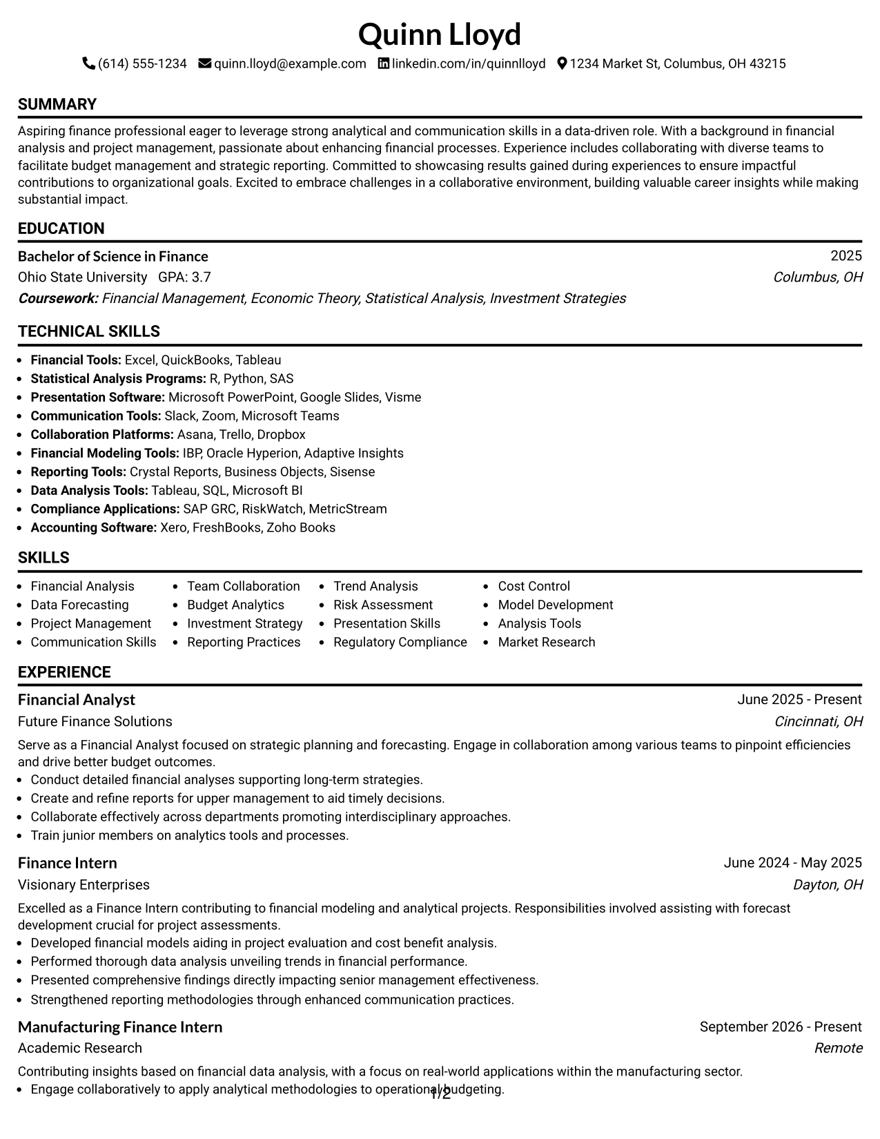 Resume Example Page 1