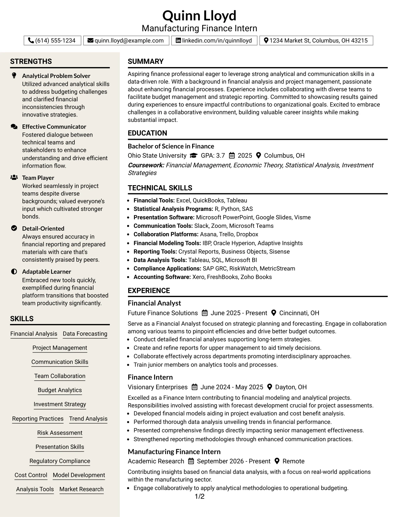 Resume Example Page 1