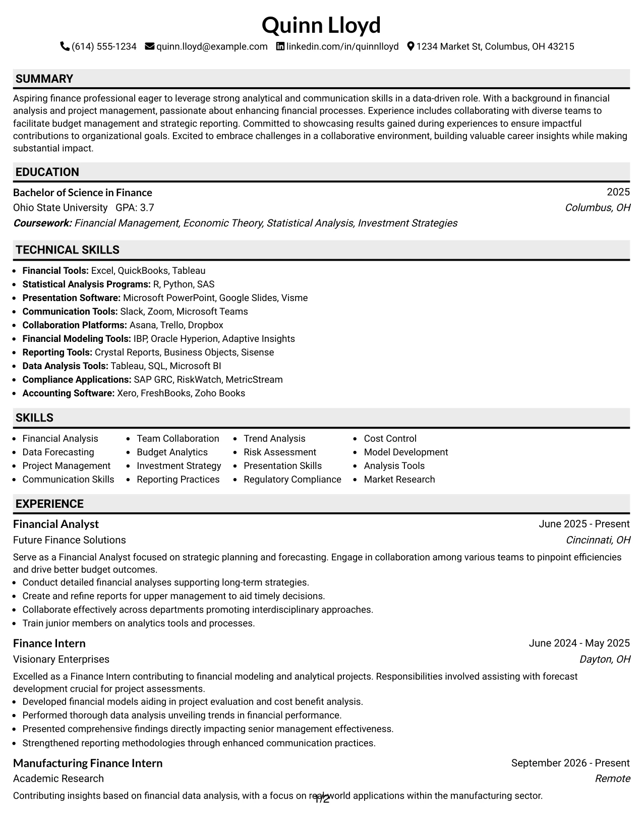Resume Example Page 1