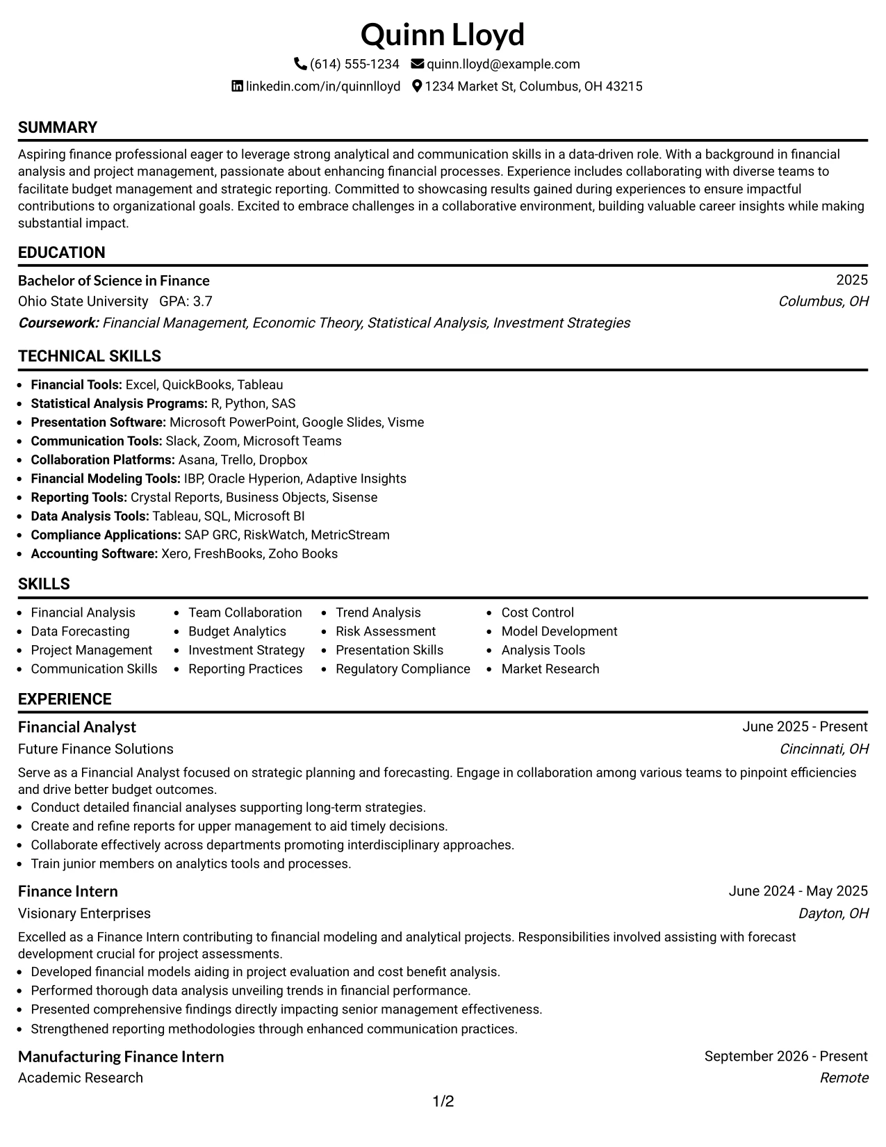 Resume Example Page 1