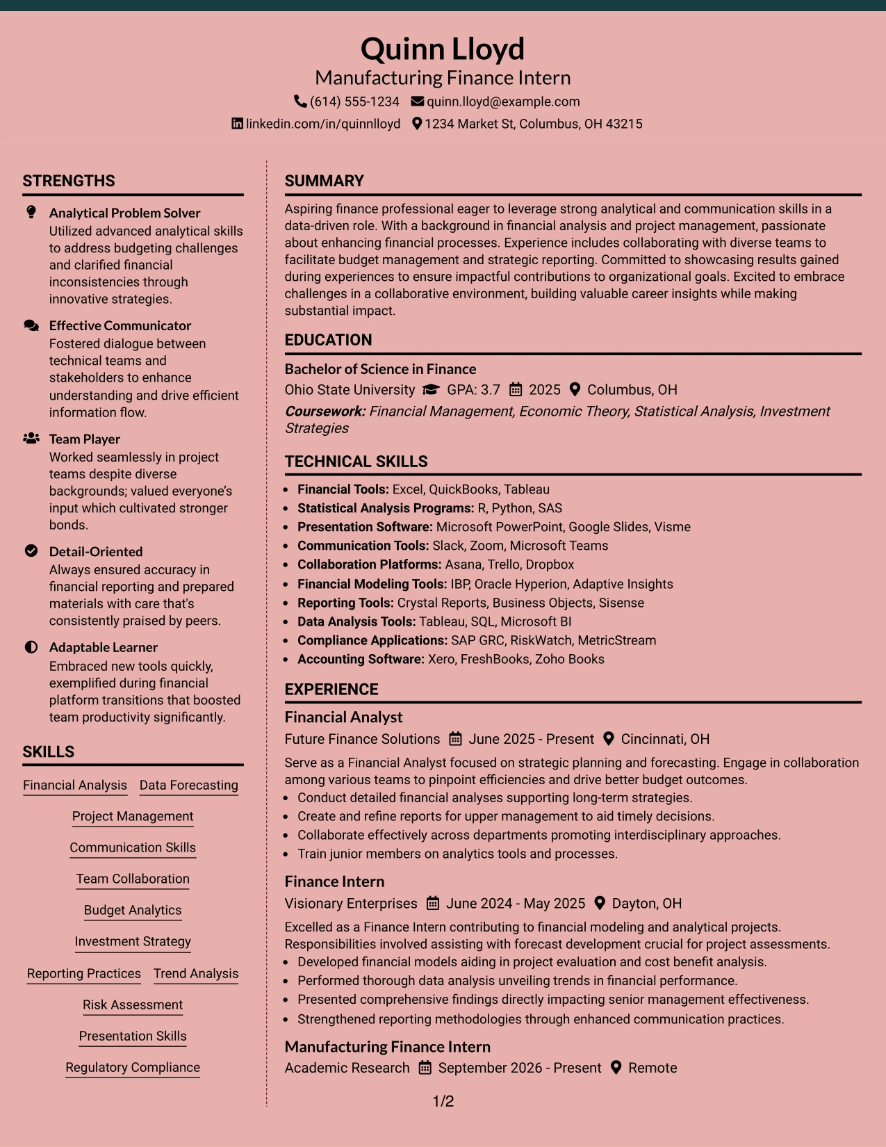 Resume Example Page 1