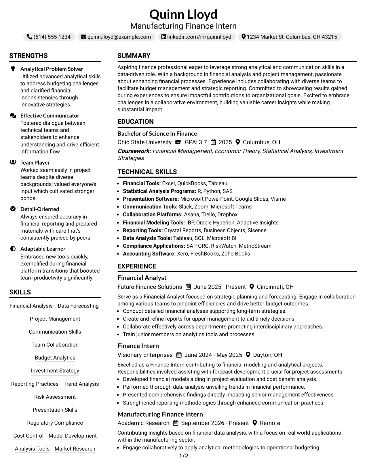 Resume Example Page 1