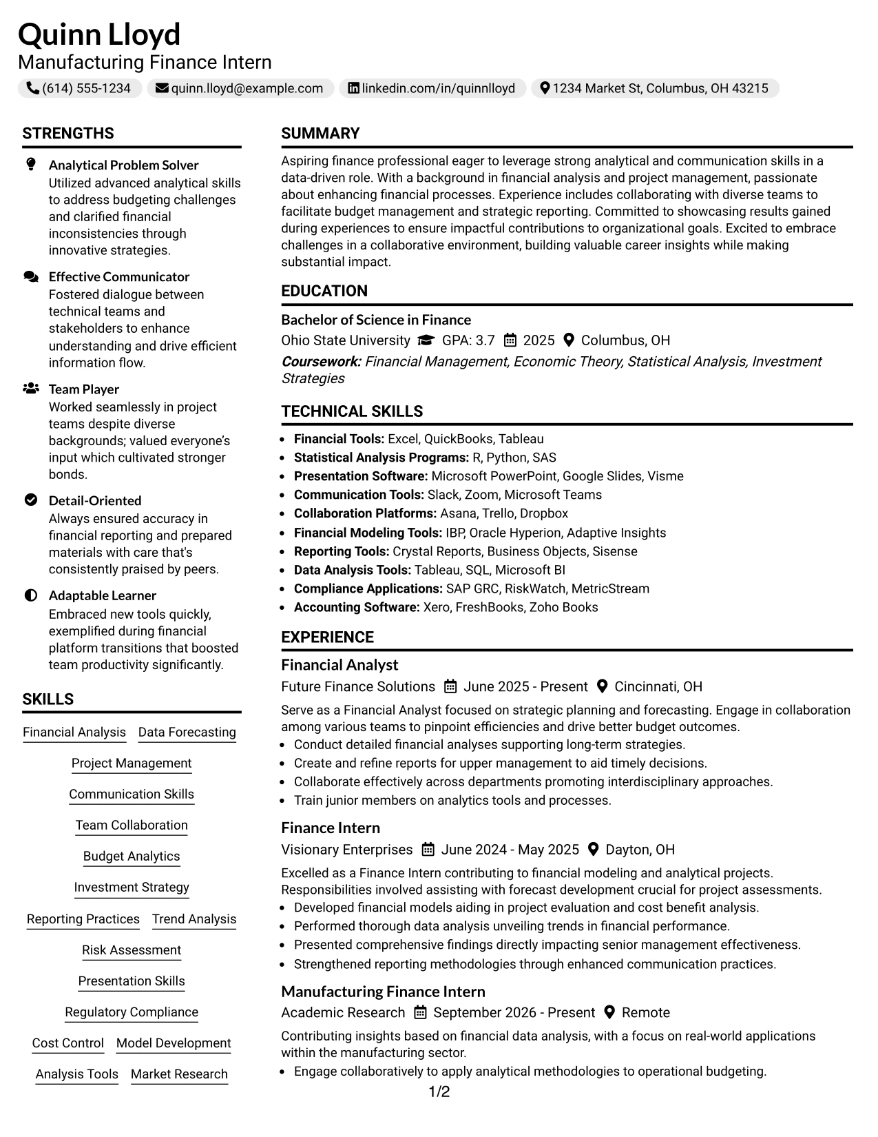 Resume Example Page 1