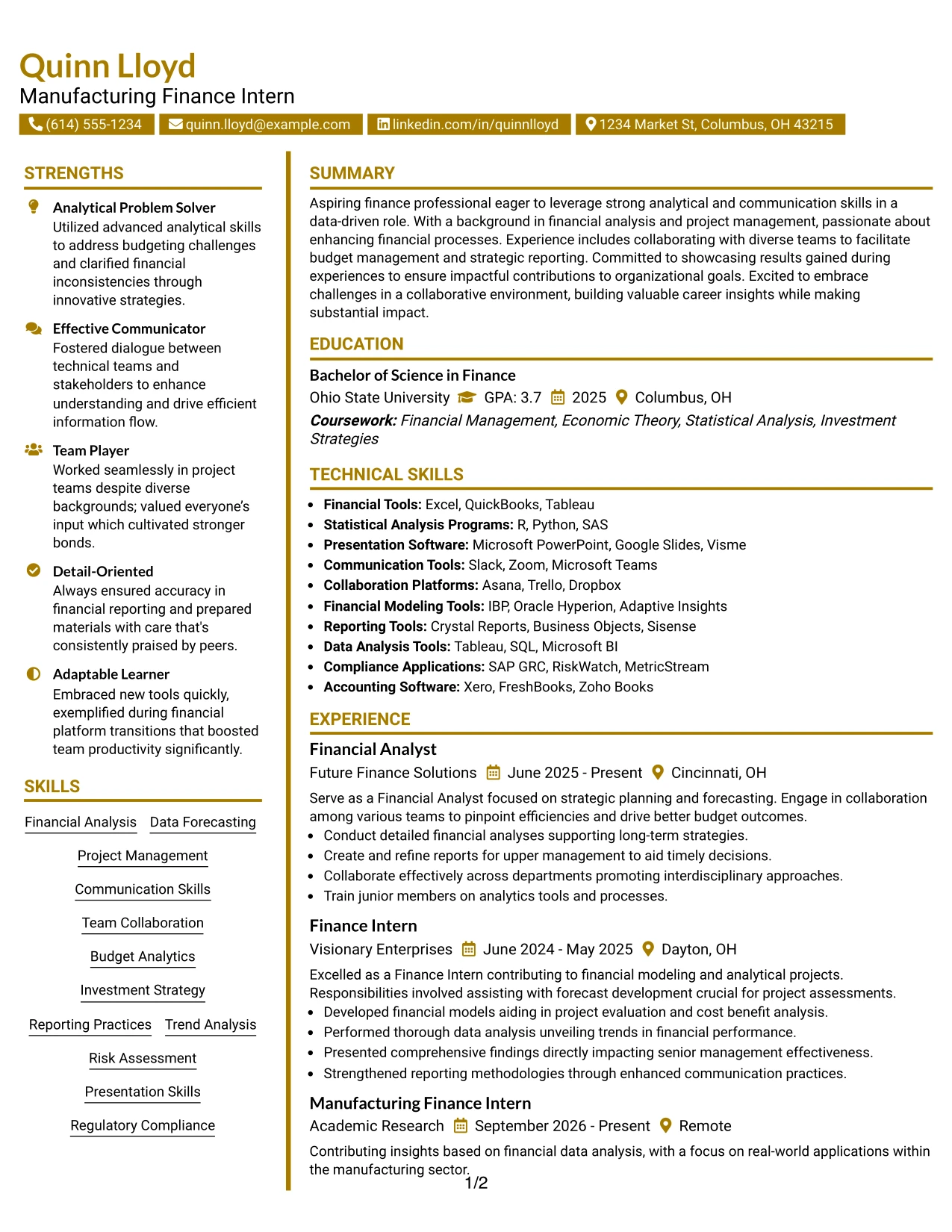 Resume Example Page 1