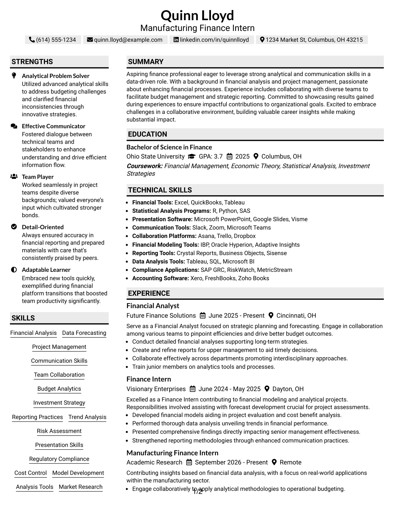 Resume Example Page 1