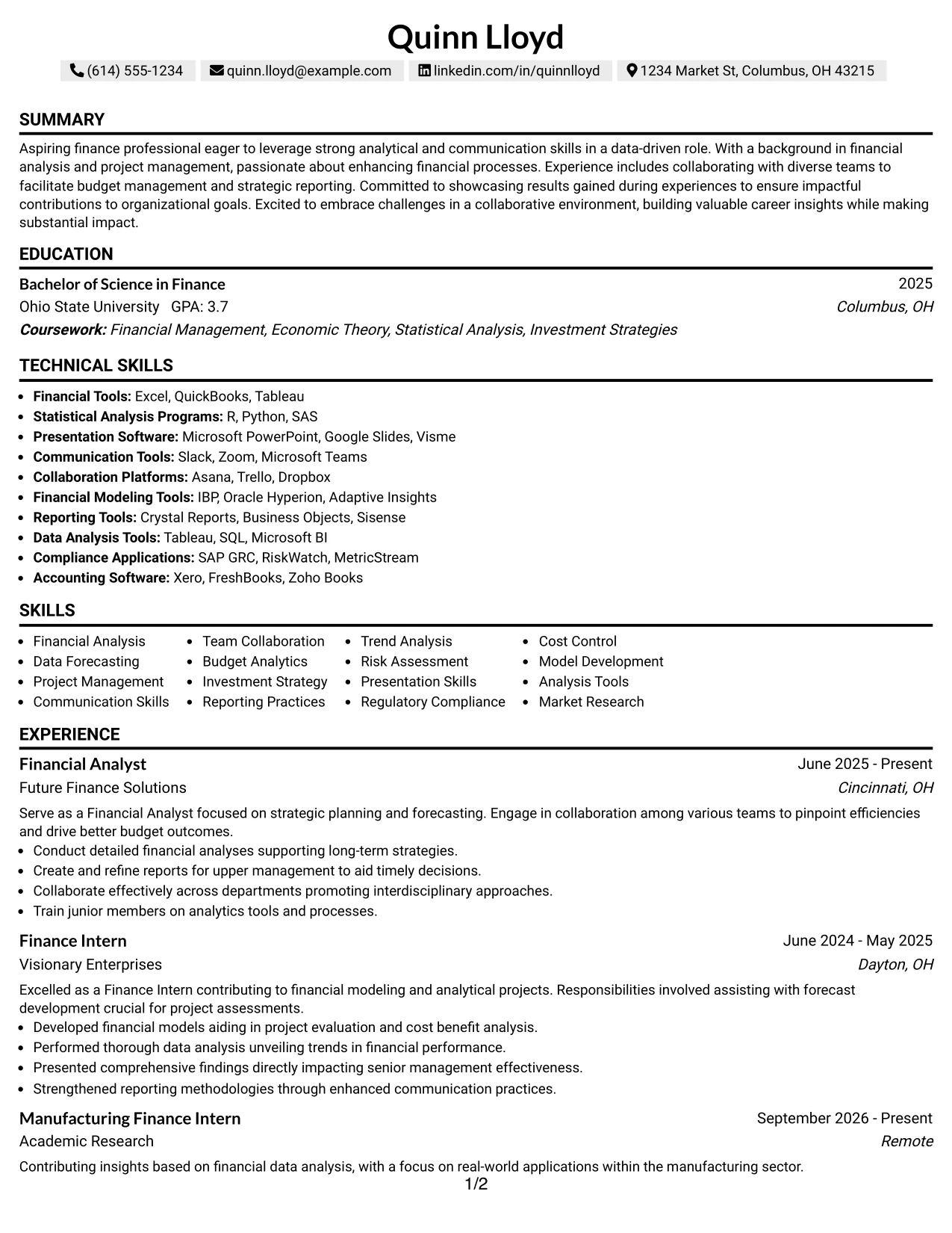 Resume Example Page 1