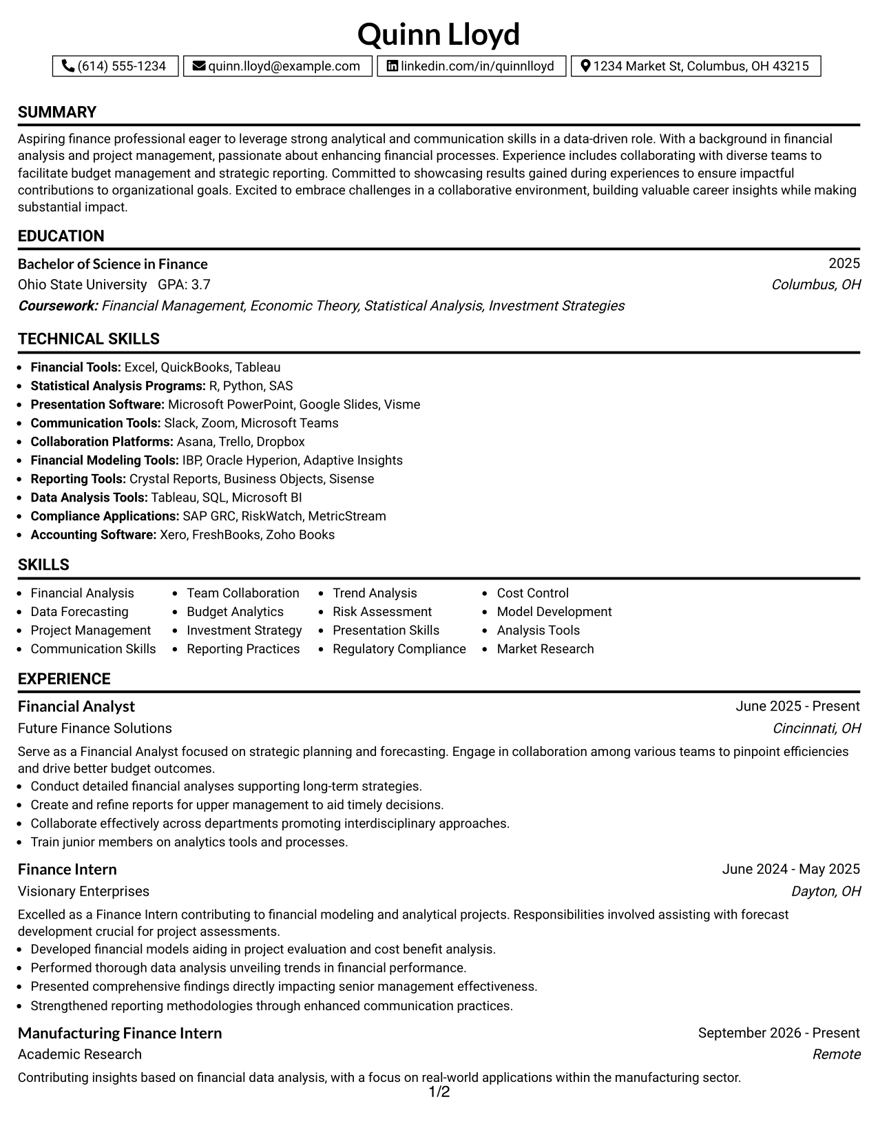 Resume Example Page 1