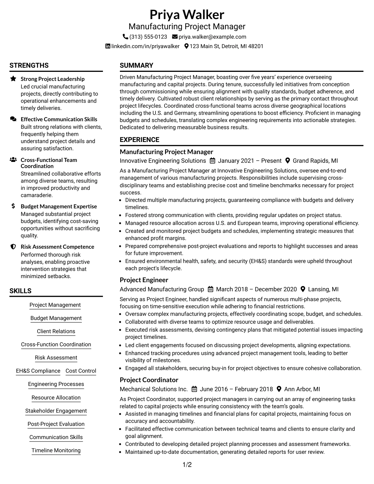 Resume Example Page 1