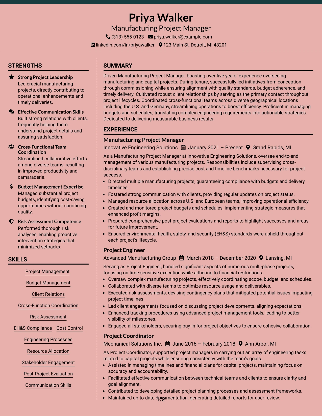 Resume Example Page 1