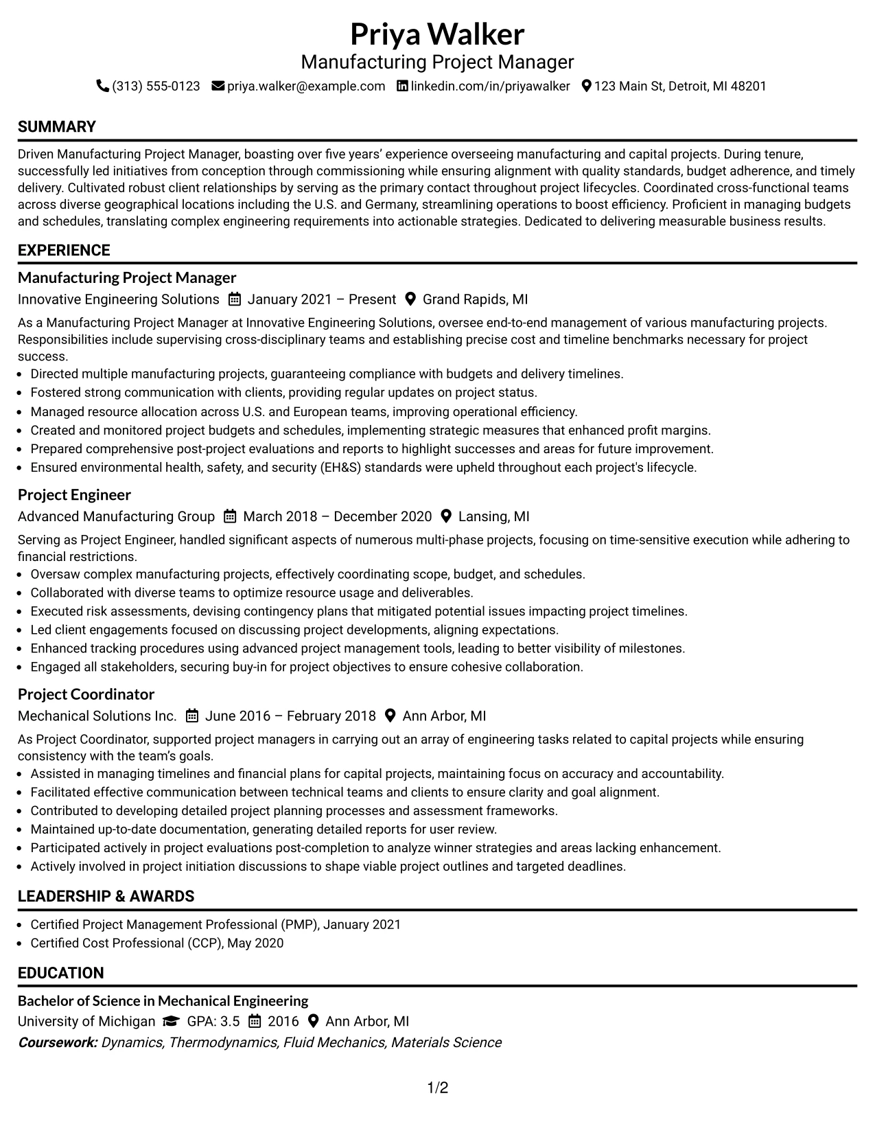 Resume Example Page 1