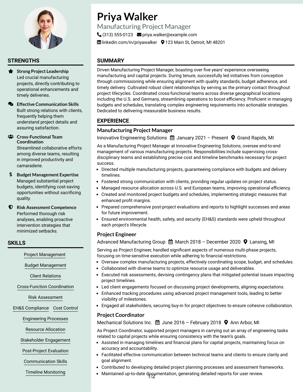 Resume Example Page 1