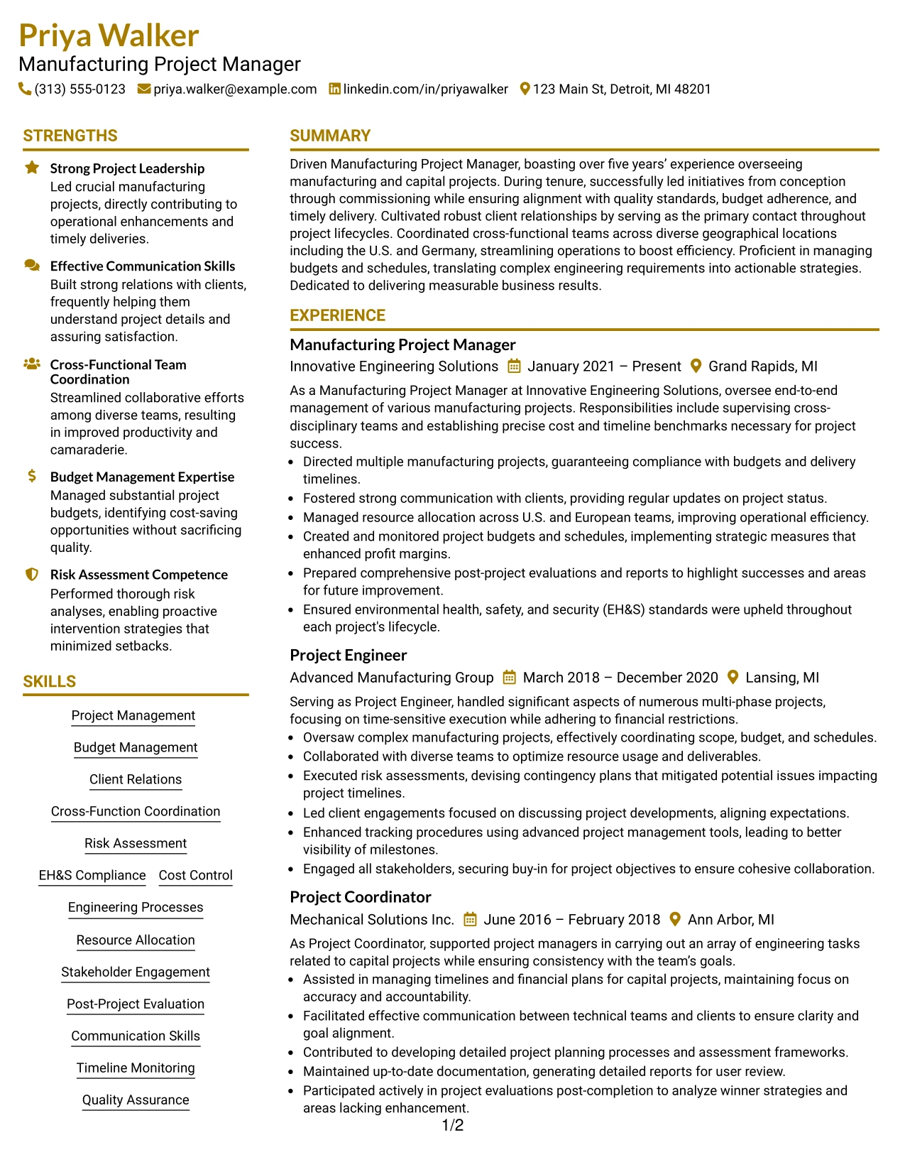 Resume Example Page 1
