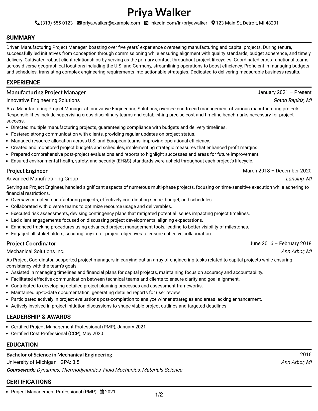 Resume Example Page 1
