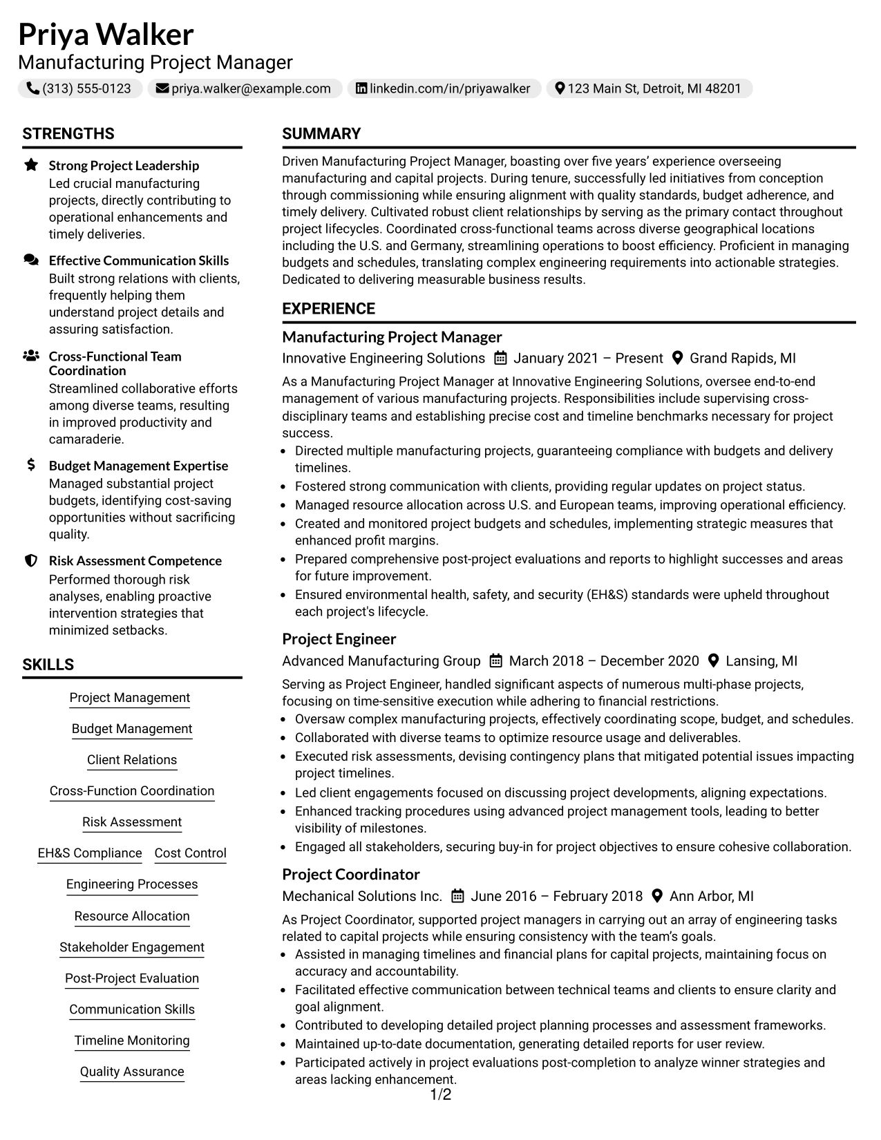 Resume Example Page 1