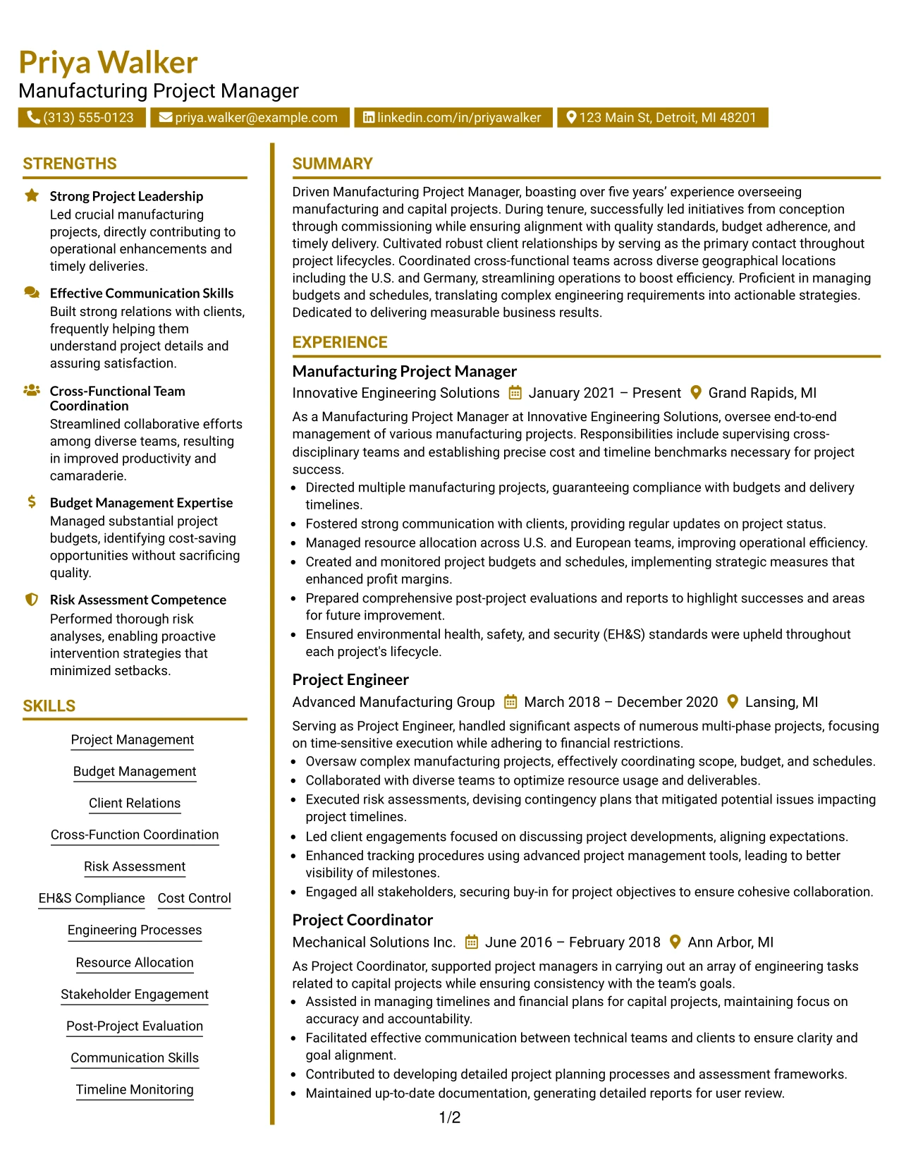 Resume Example Page 1