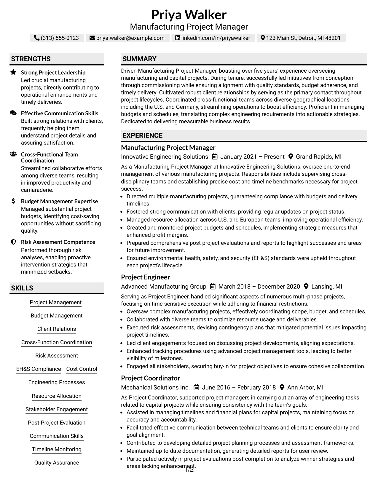 Resume Example Page 1