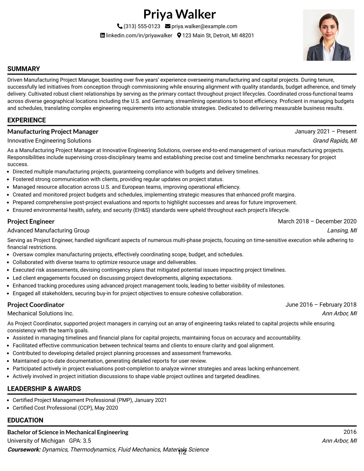 Resume Example Page 1
