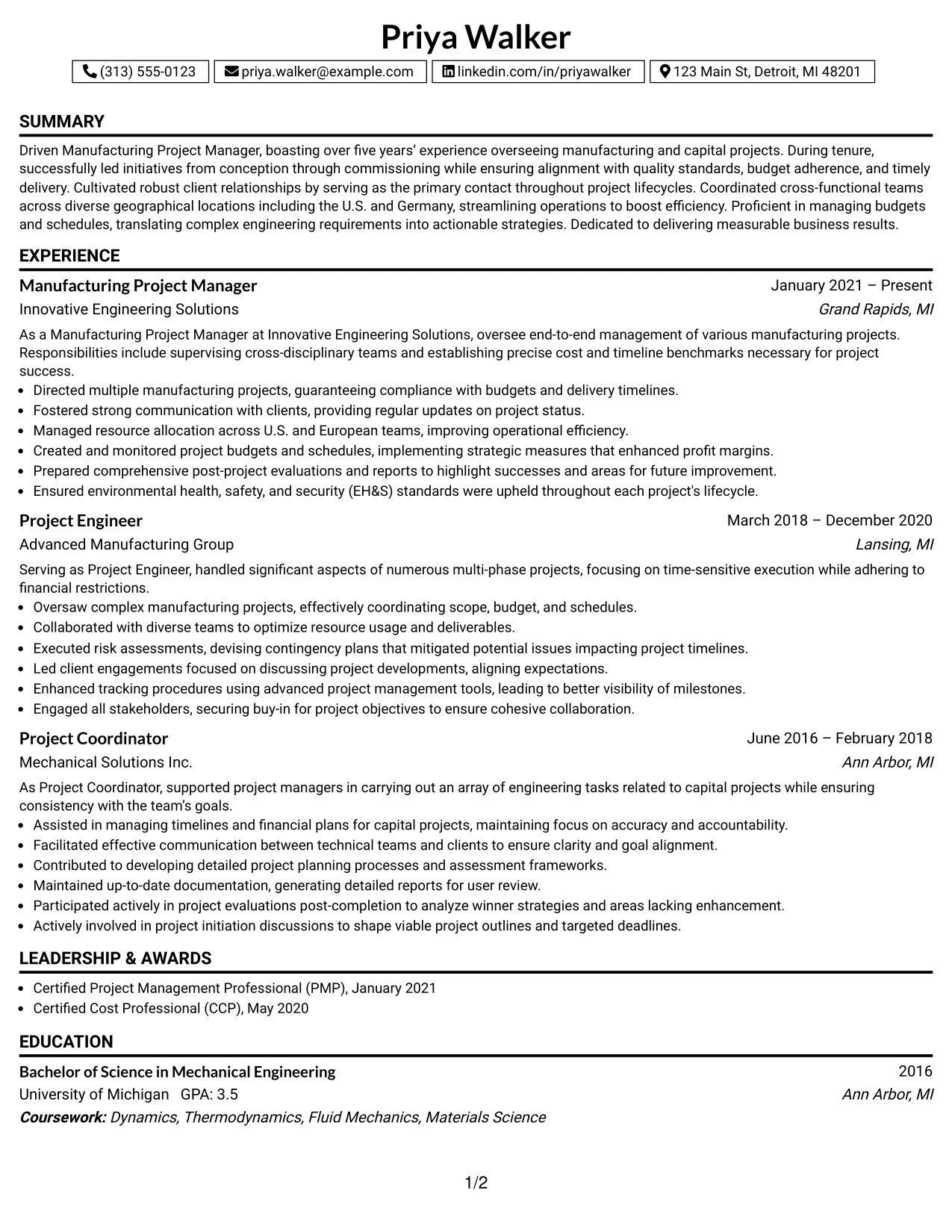 Resume Example Page 1