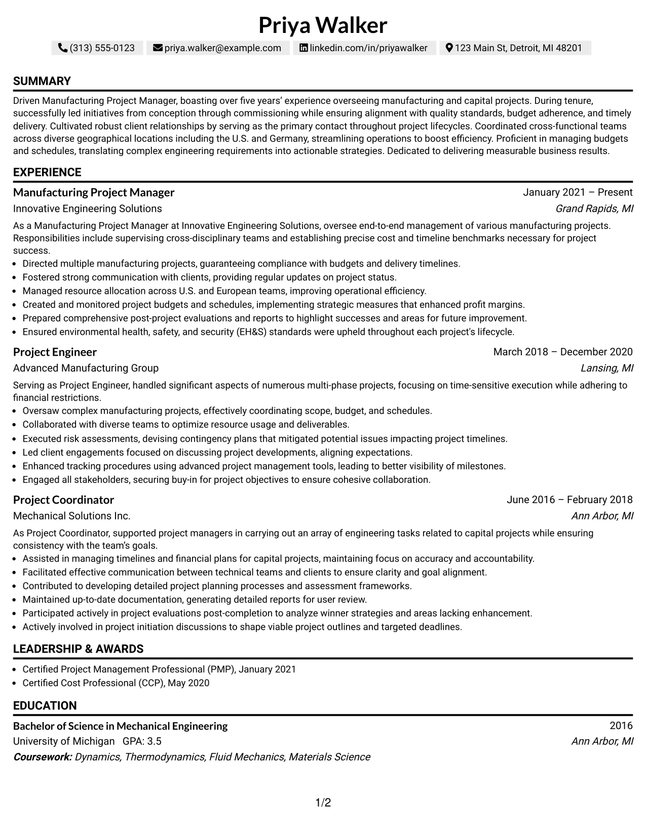 Resume Example Page 1