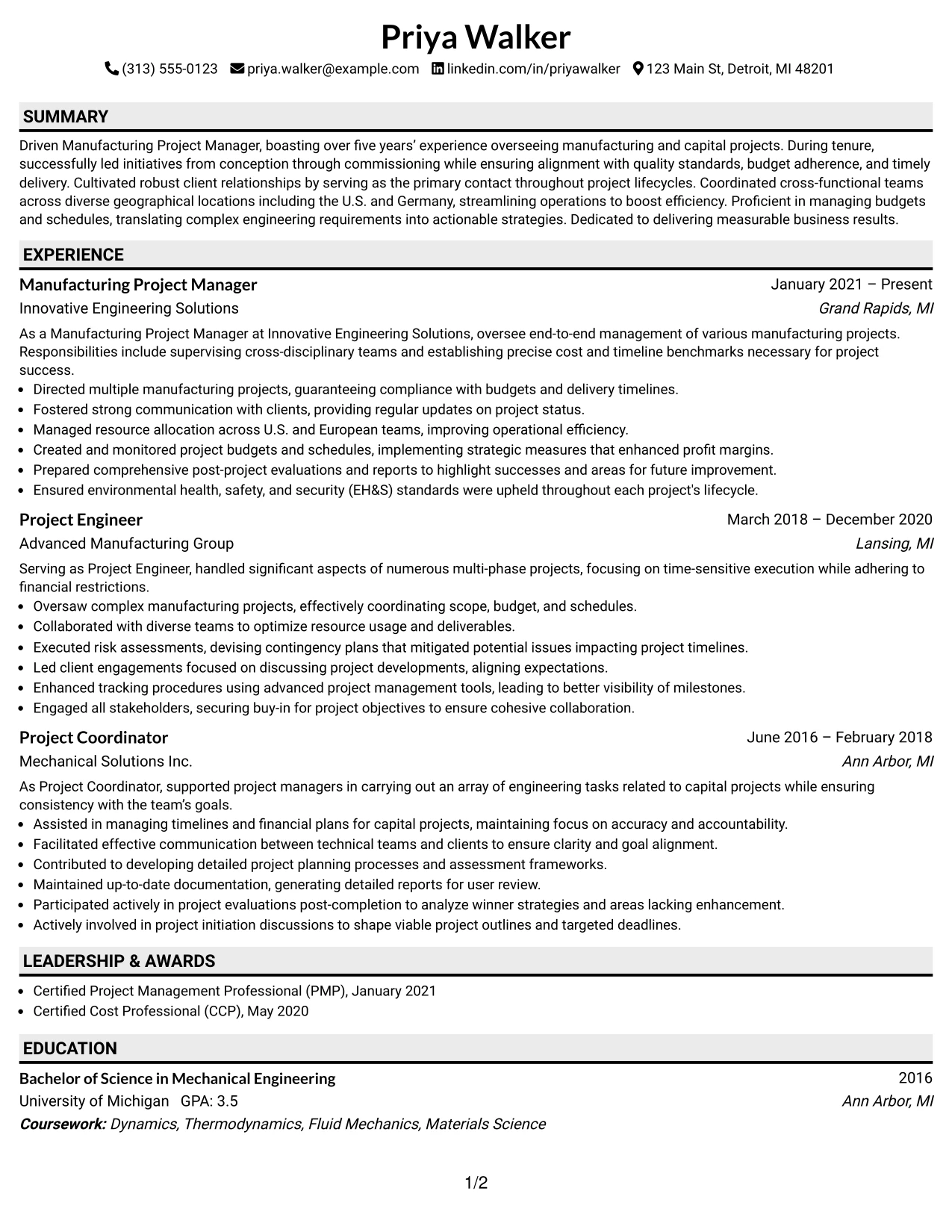 Resume Example Page 1