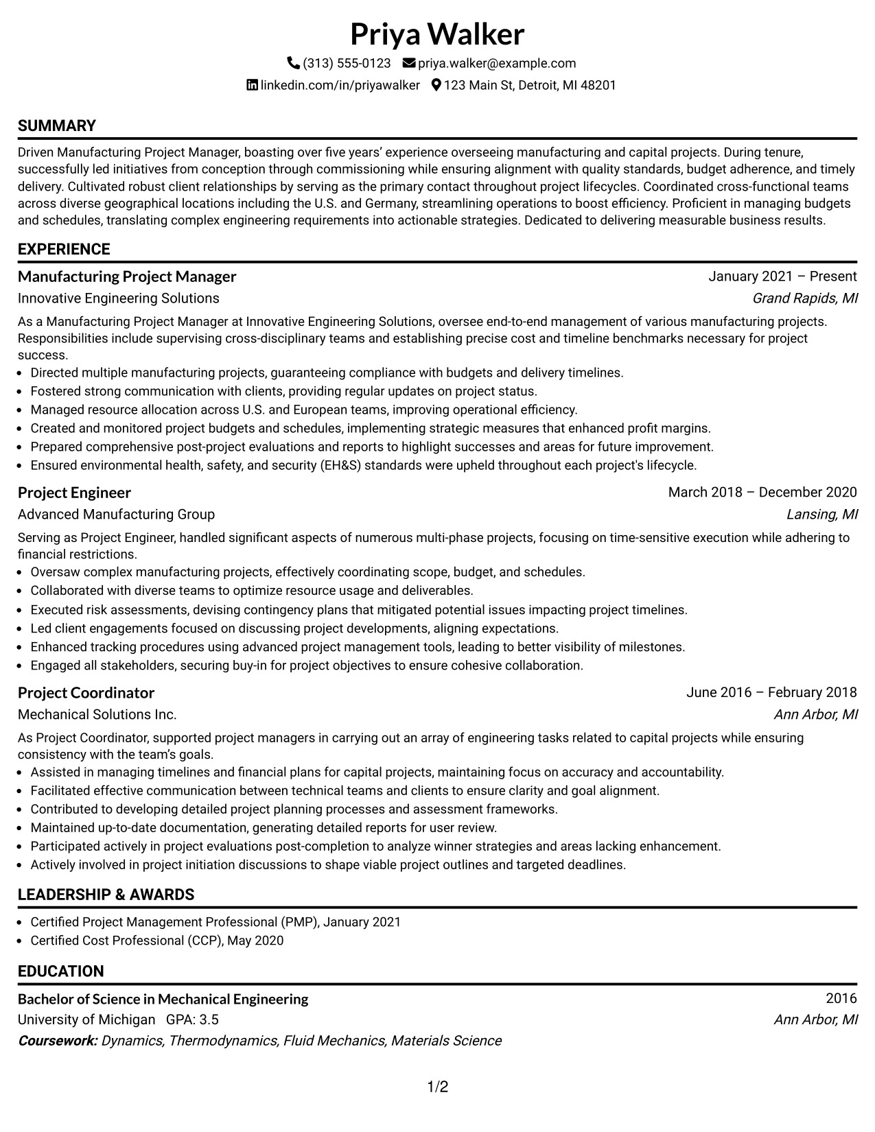 Resume Example Page 1