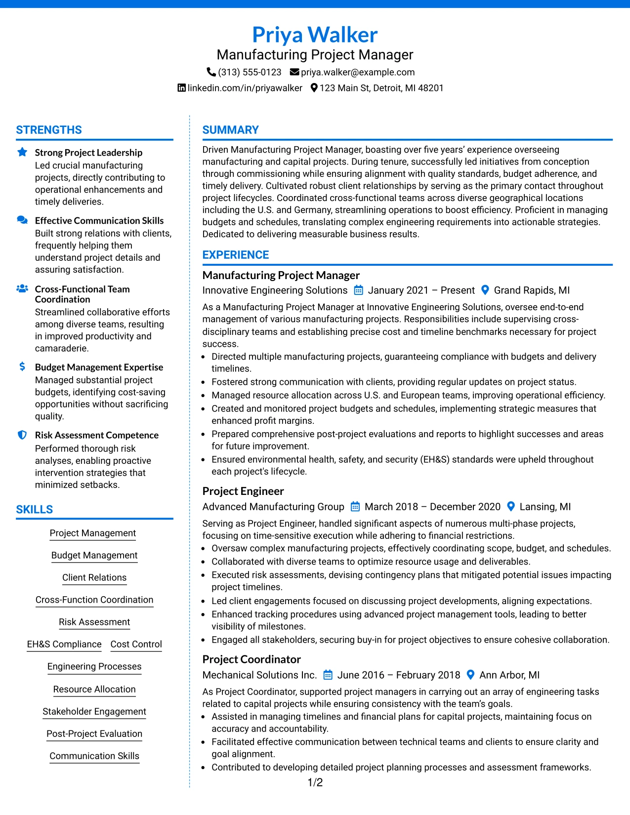 Resume Example Page 1