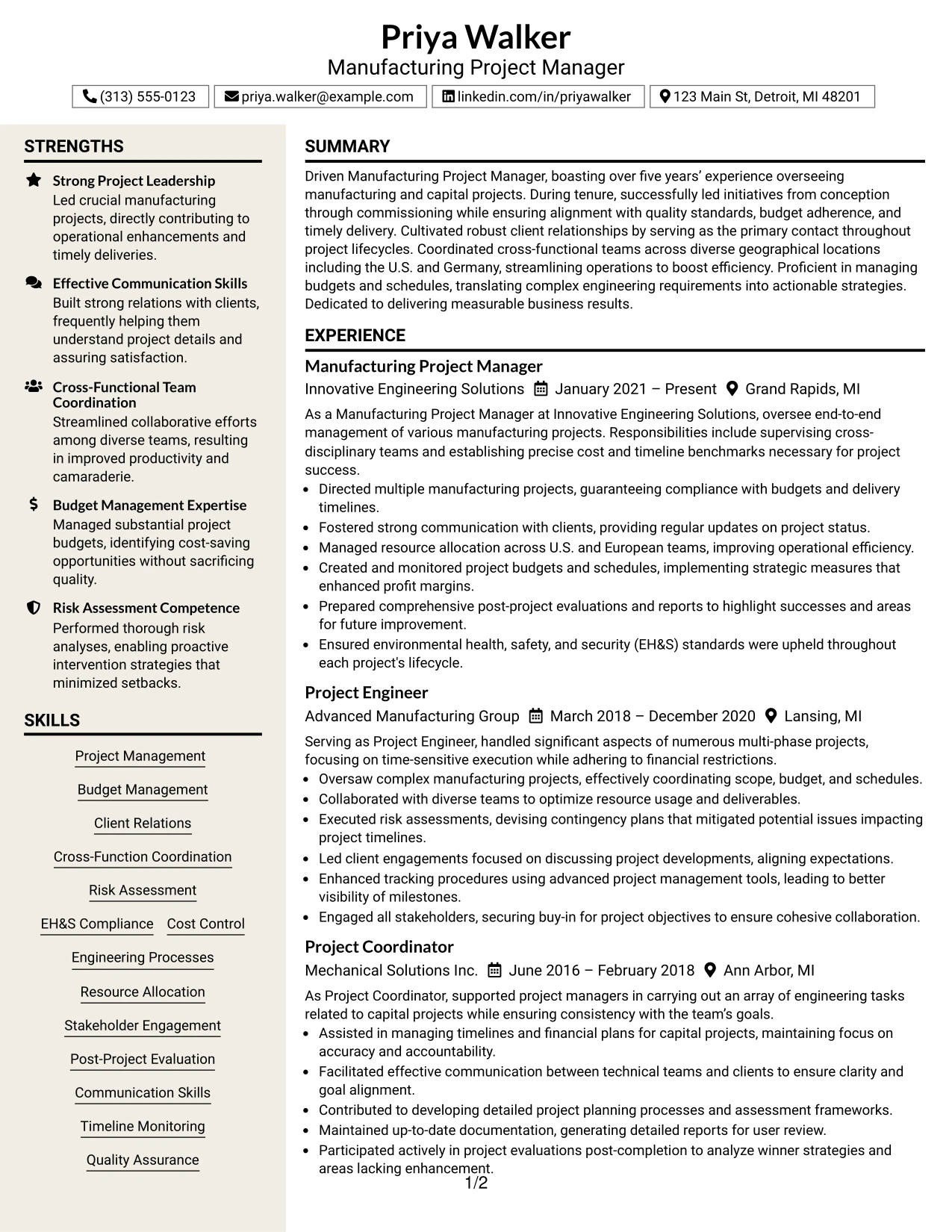 Resume Example Page 1