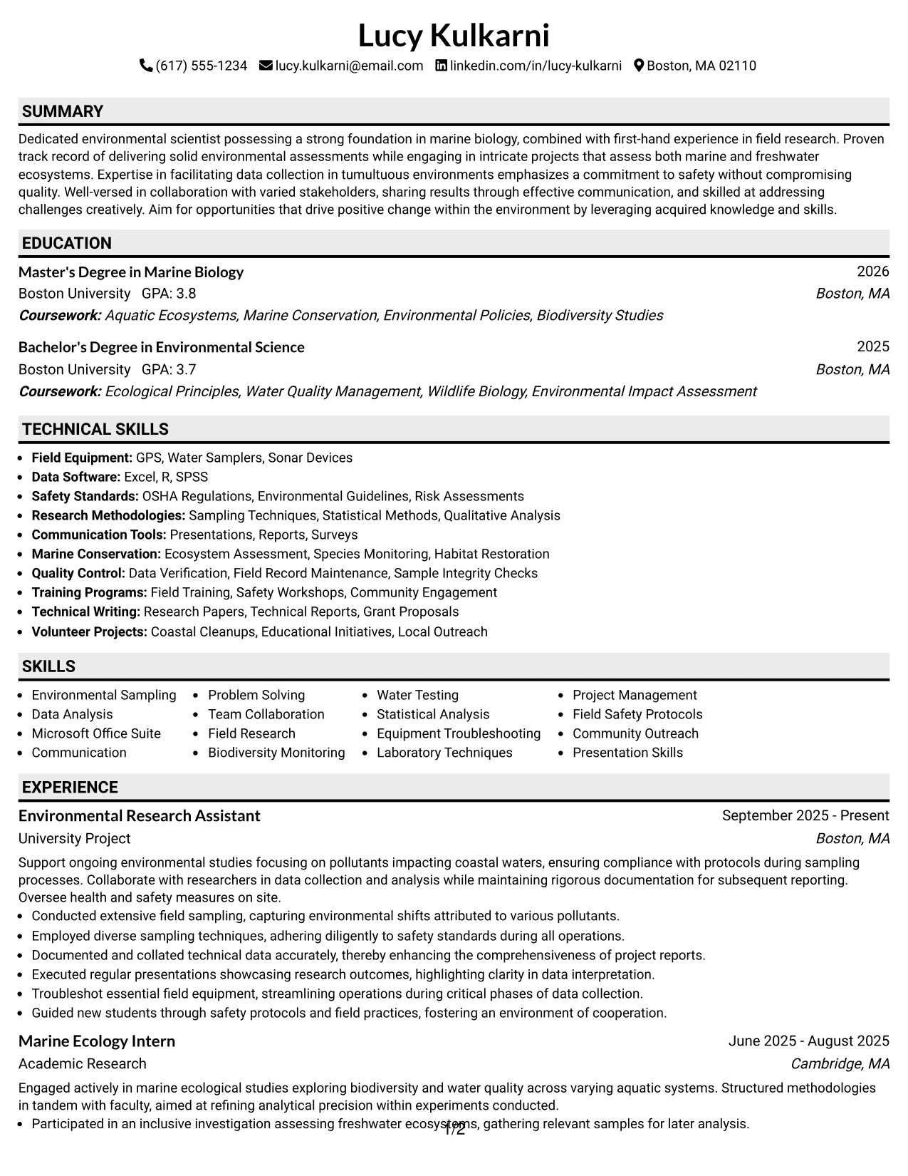 Resume Example Page 1