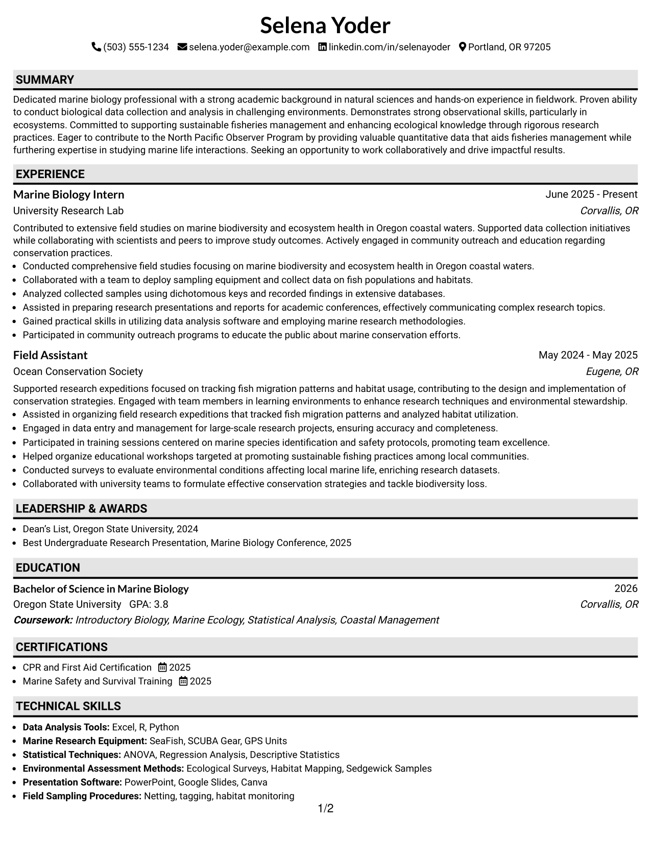 Resume Example Page 1