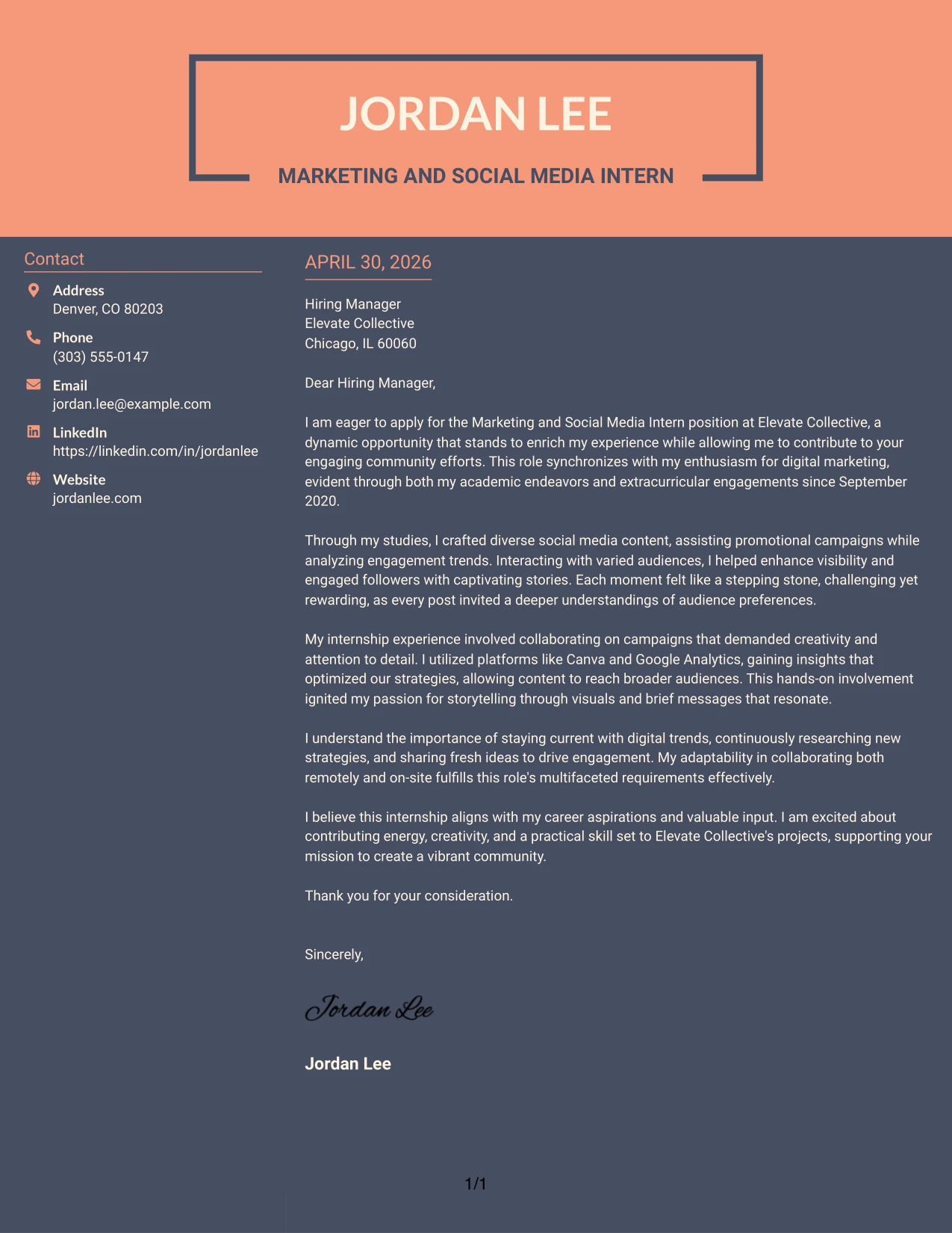 Marketing and Social Media Intern Cover Letter Example Creative Two Tone Format
