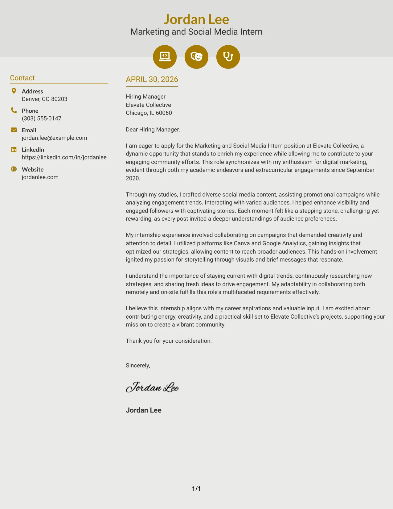 Marketing and Social Media Intern Cover Letter Example Modern Icon Format