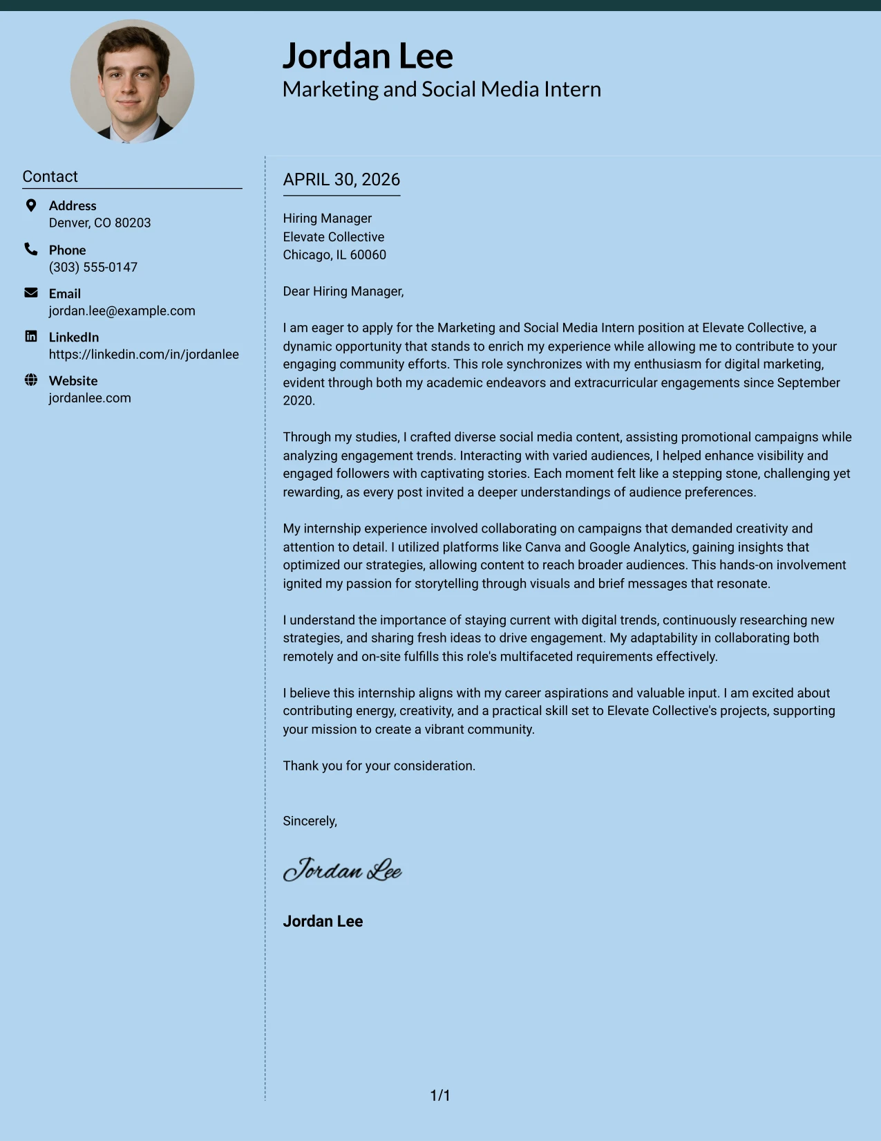 Marketing and Social Media Intern Cover Letter Example Modern Full Background Two Column Format