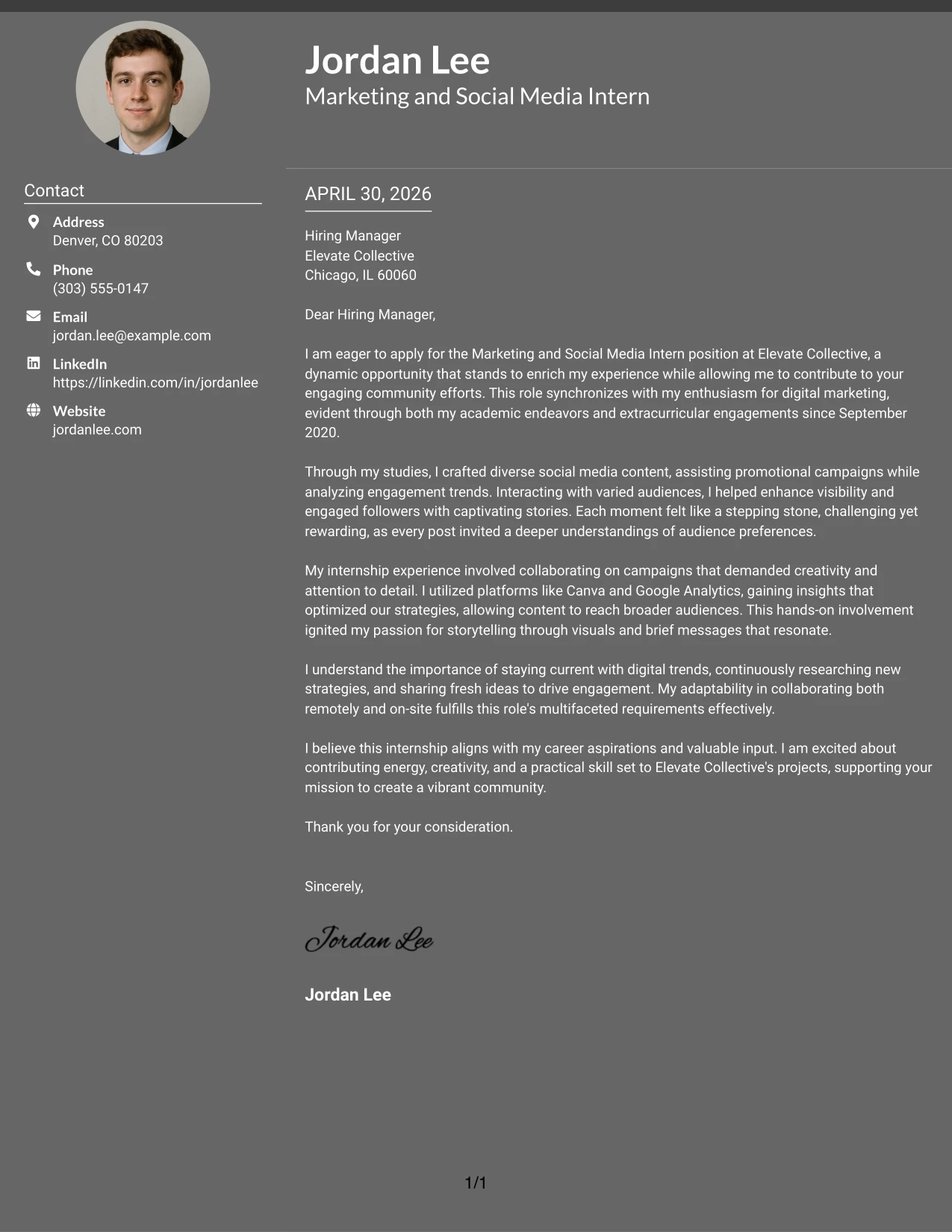 Marketing and Social Media Intern Cover Letter Example Dark Mode Two Column Format