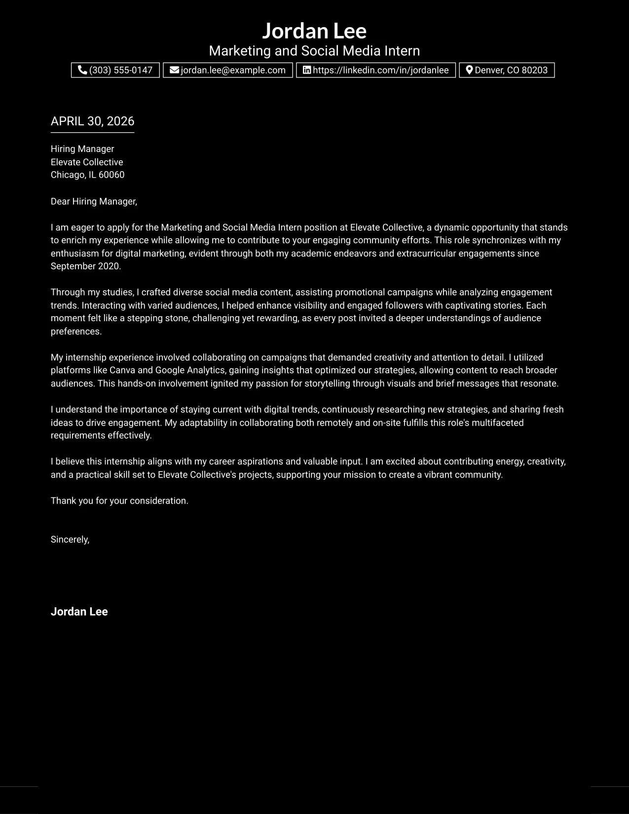 Marketing and Social Media Intern Cover Letter Example Dark Mode Box Header Format