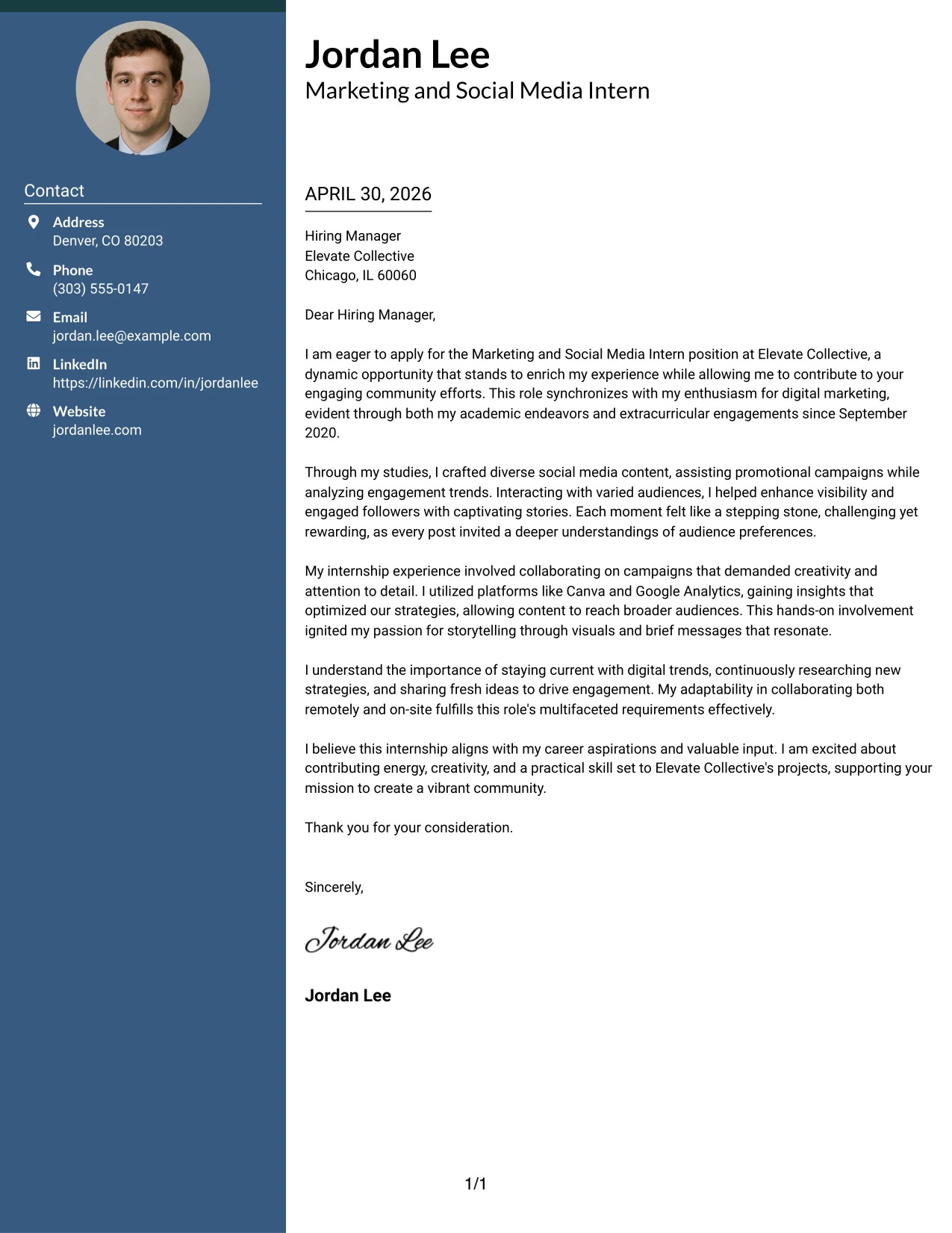 Marketing and Social Media Intern Cover Letter Example