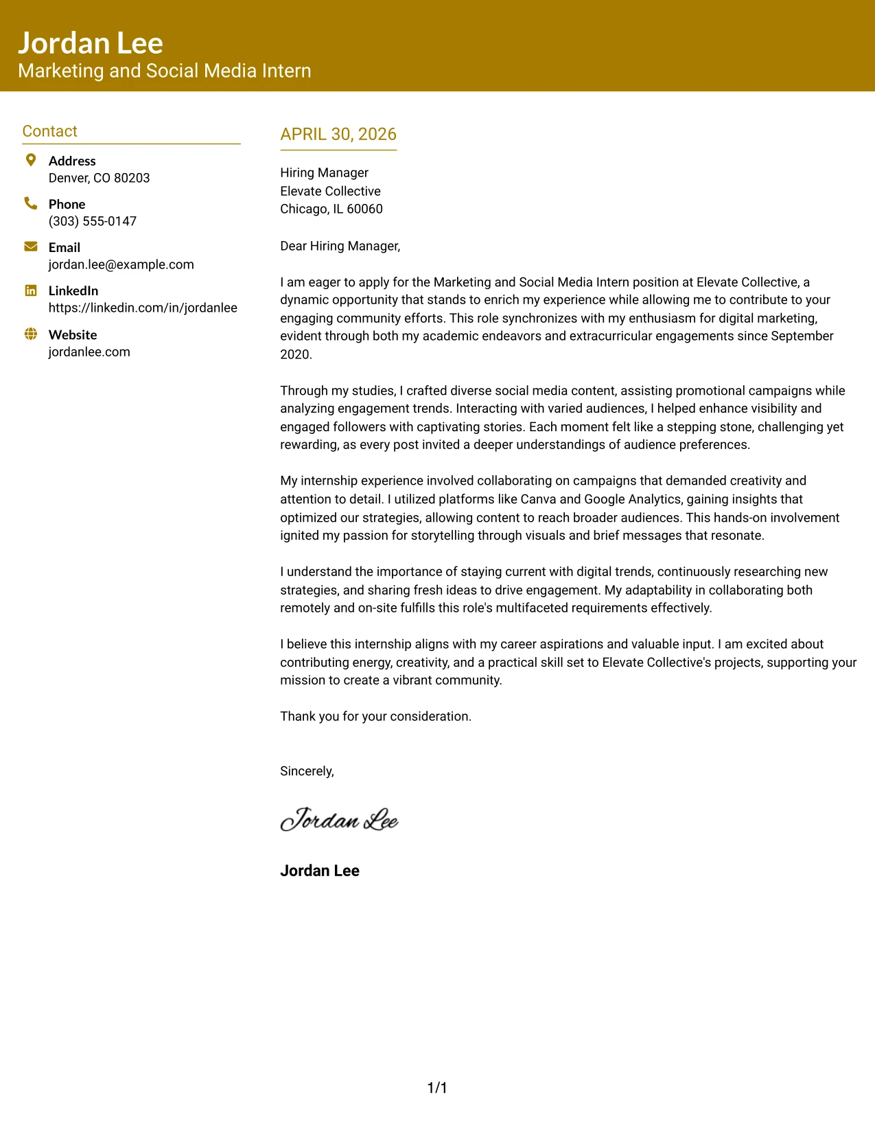 Marketing and Social Media Intern Cover Letter Example Bold Color Header Professional Format