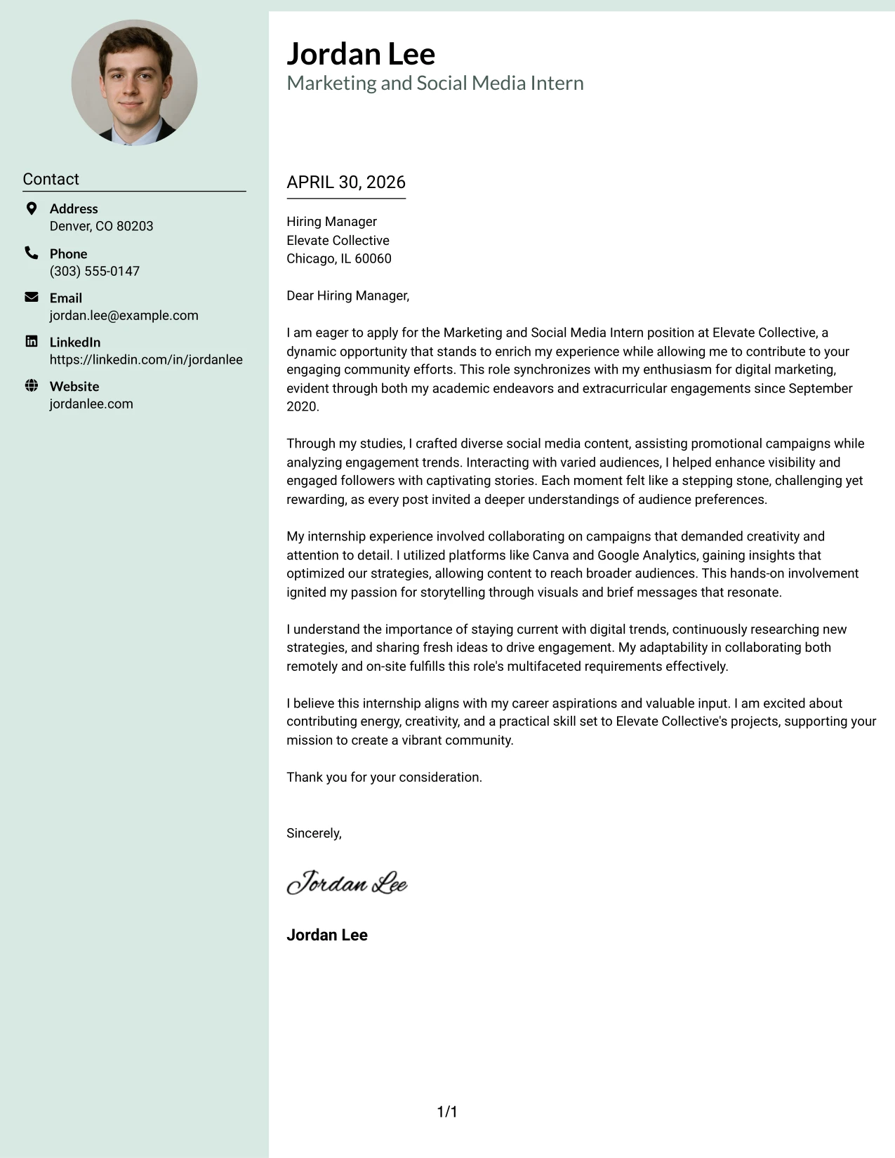 Marketing and Social Media Intern Cover Letter Example Photo Header Color Sidebar Format