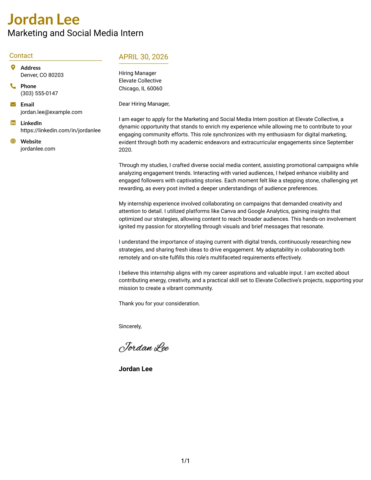 Marketing and Social Media Intern Cover Letter Example Top Left Header Color Accent Format