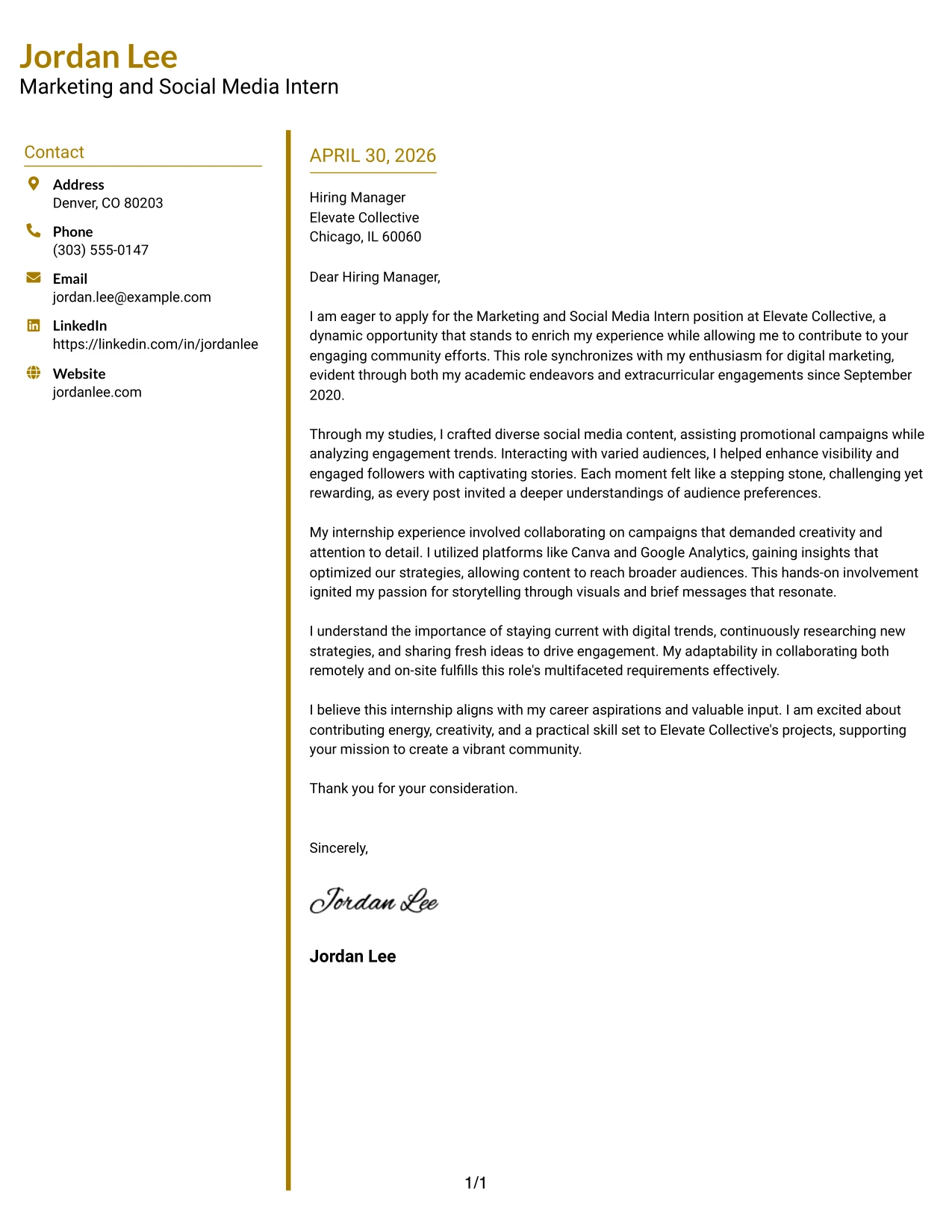 Marketing and Social Media Intern Cover Letter Example Accent Divider Modern Two Column Format