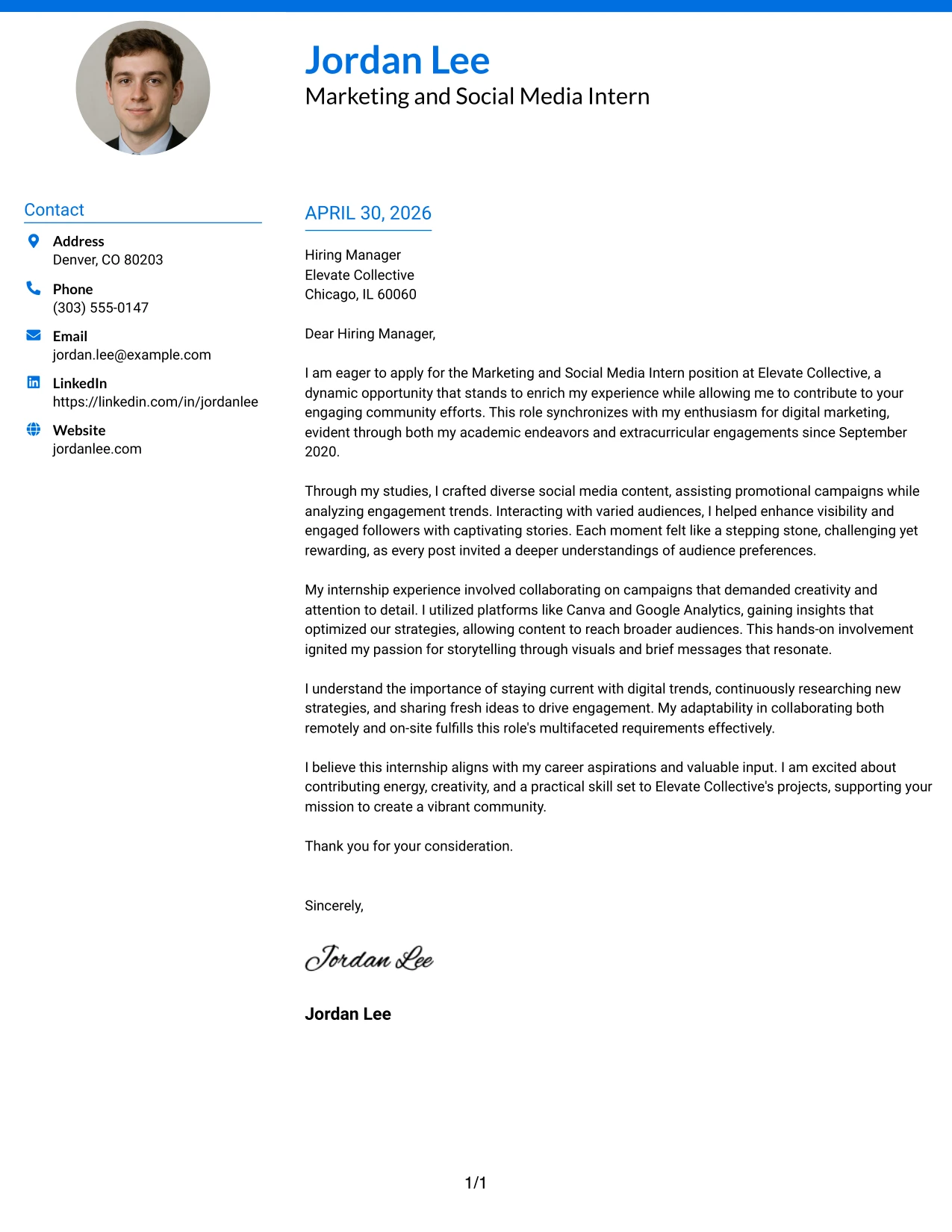 Marketing and Social Media Intern Cover Letter Example Photo Header Color Accent International Format