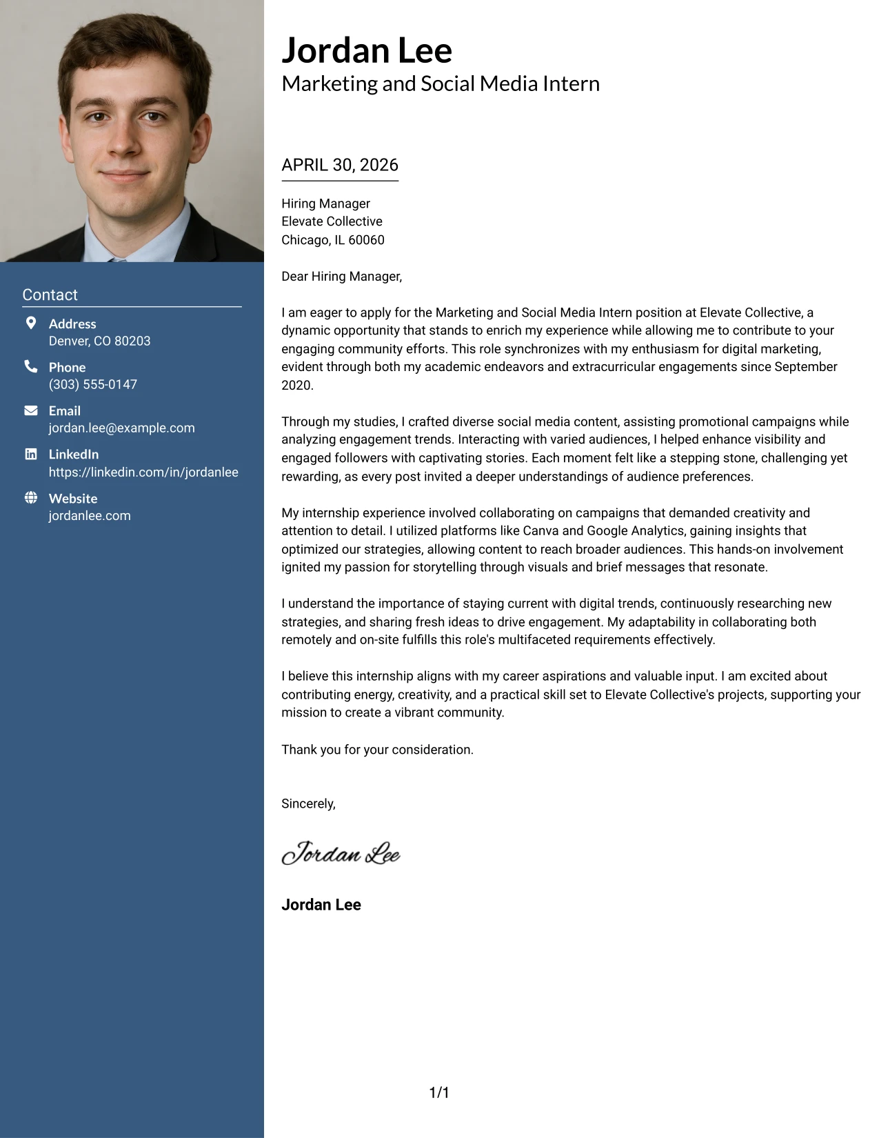 Marketing and Social Media Intern Cover Letter Example with Photo Header